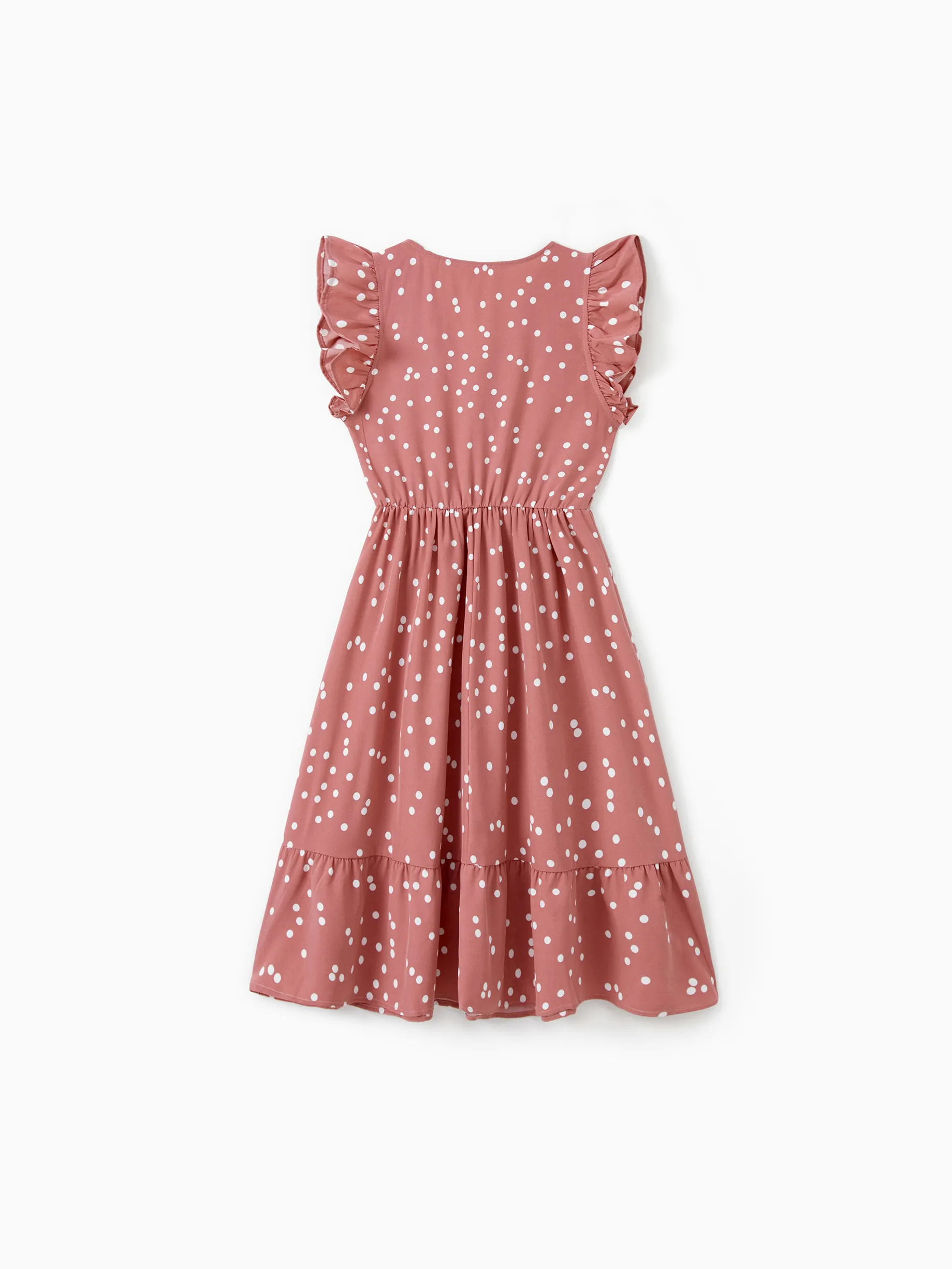 All Over Dots Pink Cross Wrap V Neck Ruffle Flutter-sleeve Dress for Mom and Me PinkyWhite - Image 5