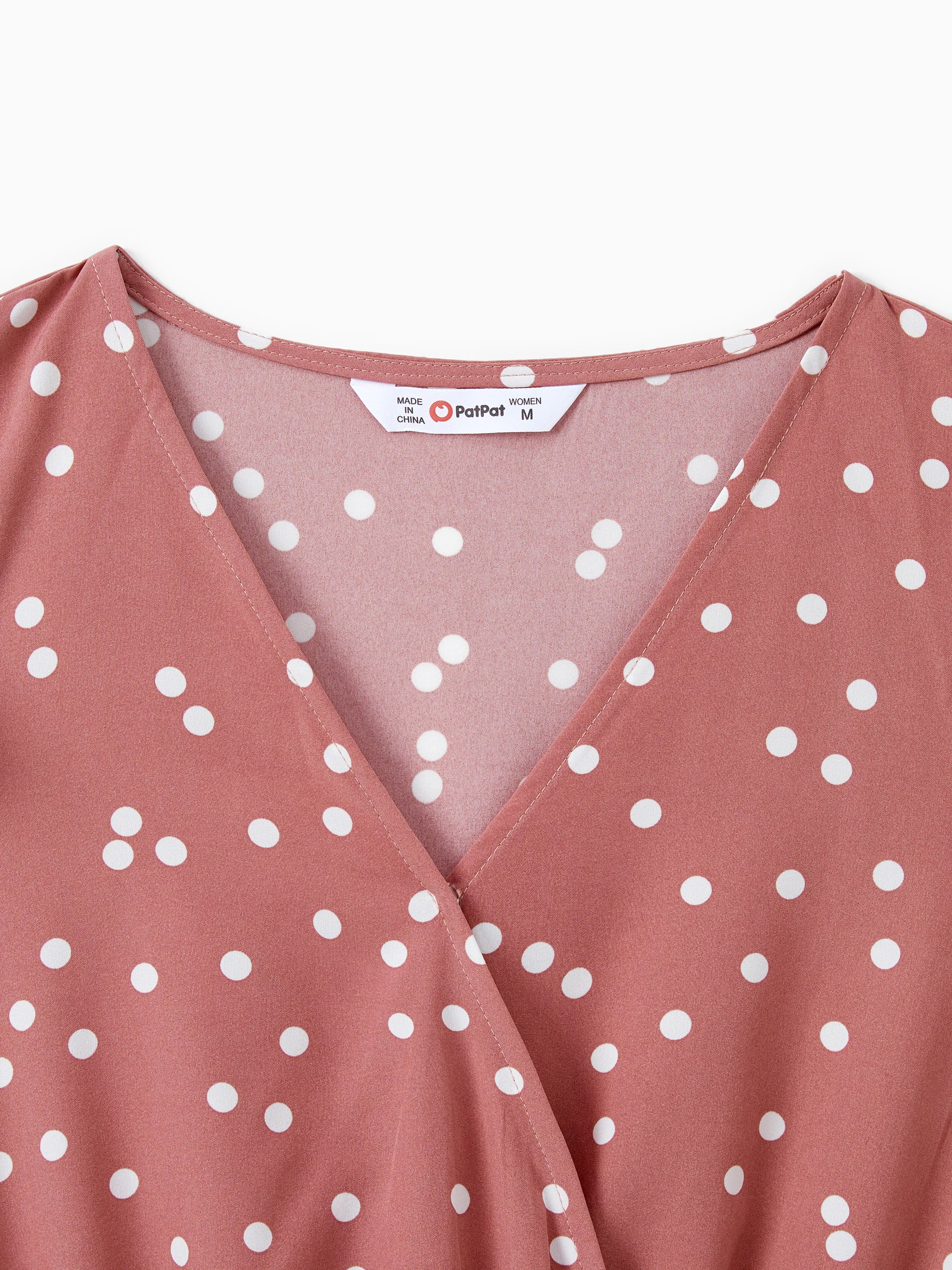 All Over Dots Pink Cross Wrap V Neck Ruffle Flutter-sleeve Dress for Mom and Me PinkyWhite - Image 6