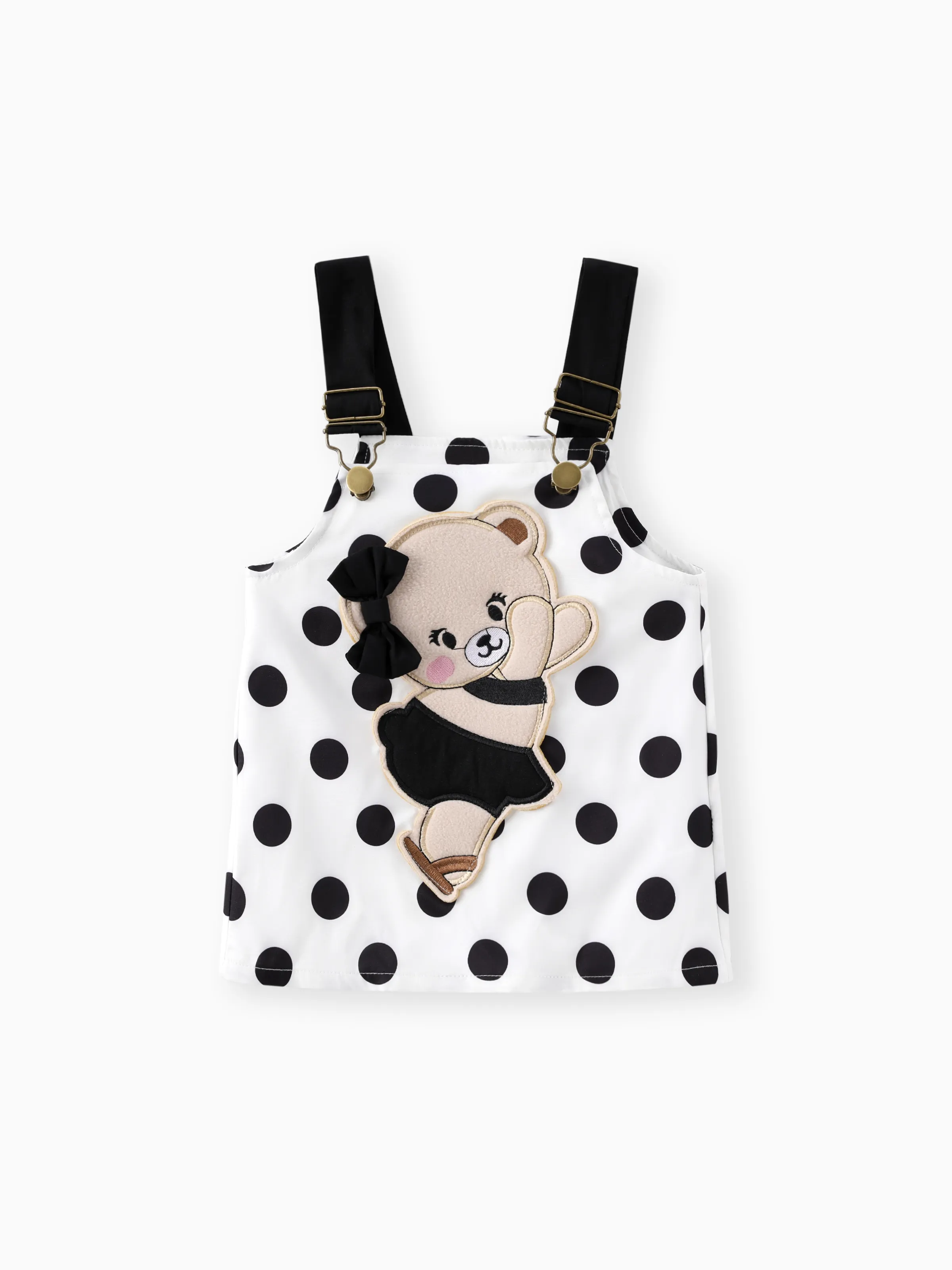 Baby Girl 2pcs Bear Style Ruffled Romper and Embroidered Polka dots Overalls Dress Set Black - Image 11