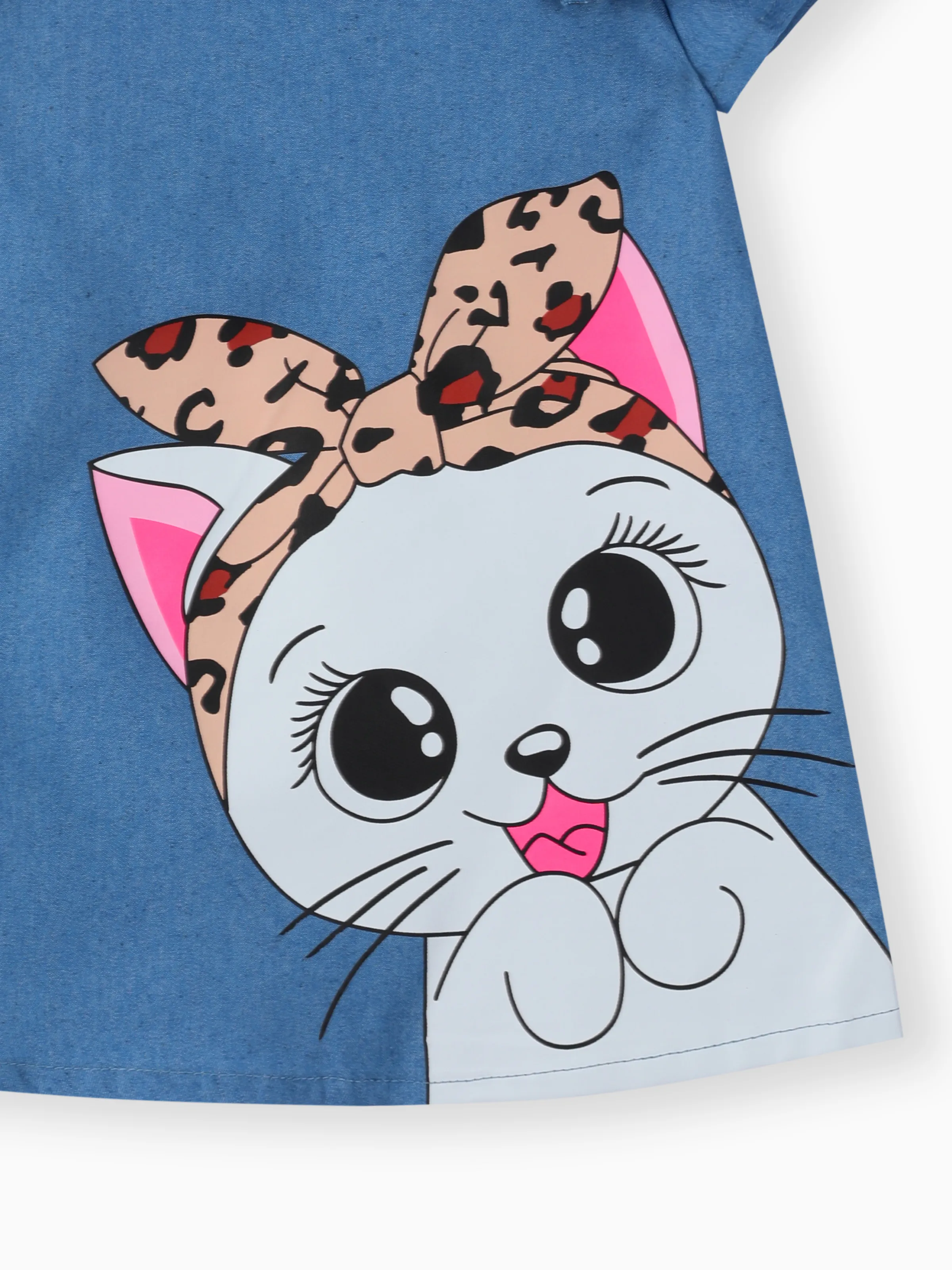 Baby Girl Cute Cat Print Ruffled Short-sleeve Dress Blue - Image 5