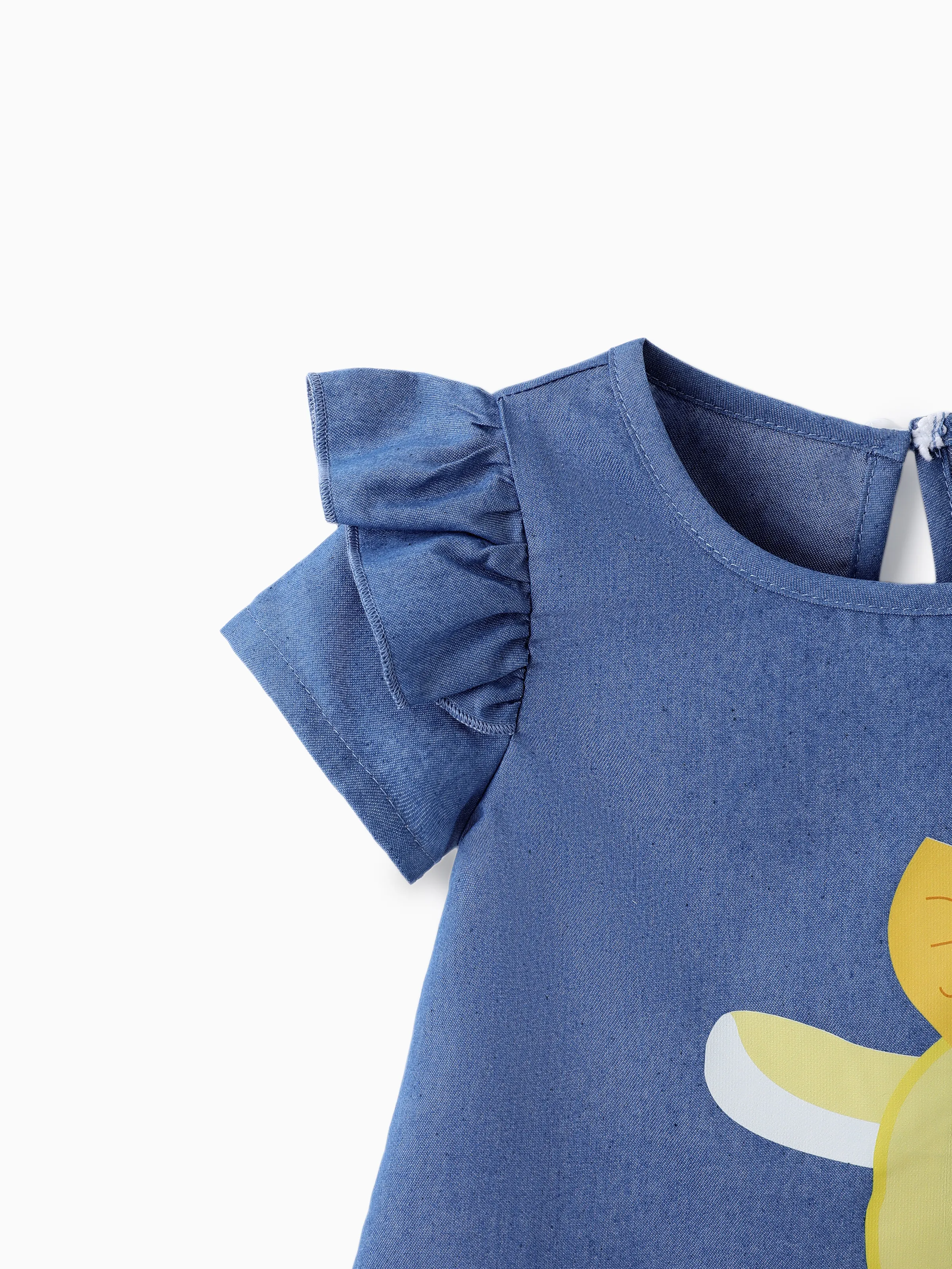 Baby Girl Cute Cat Print Ruffled Short-sleeve Dress Yellow - Image 4