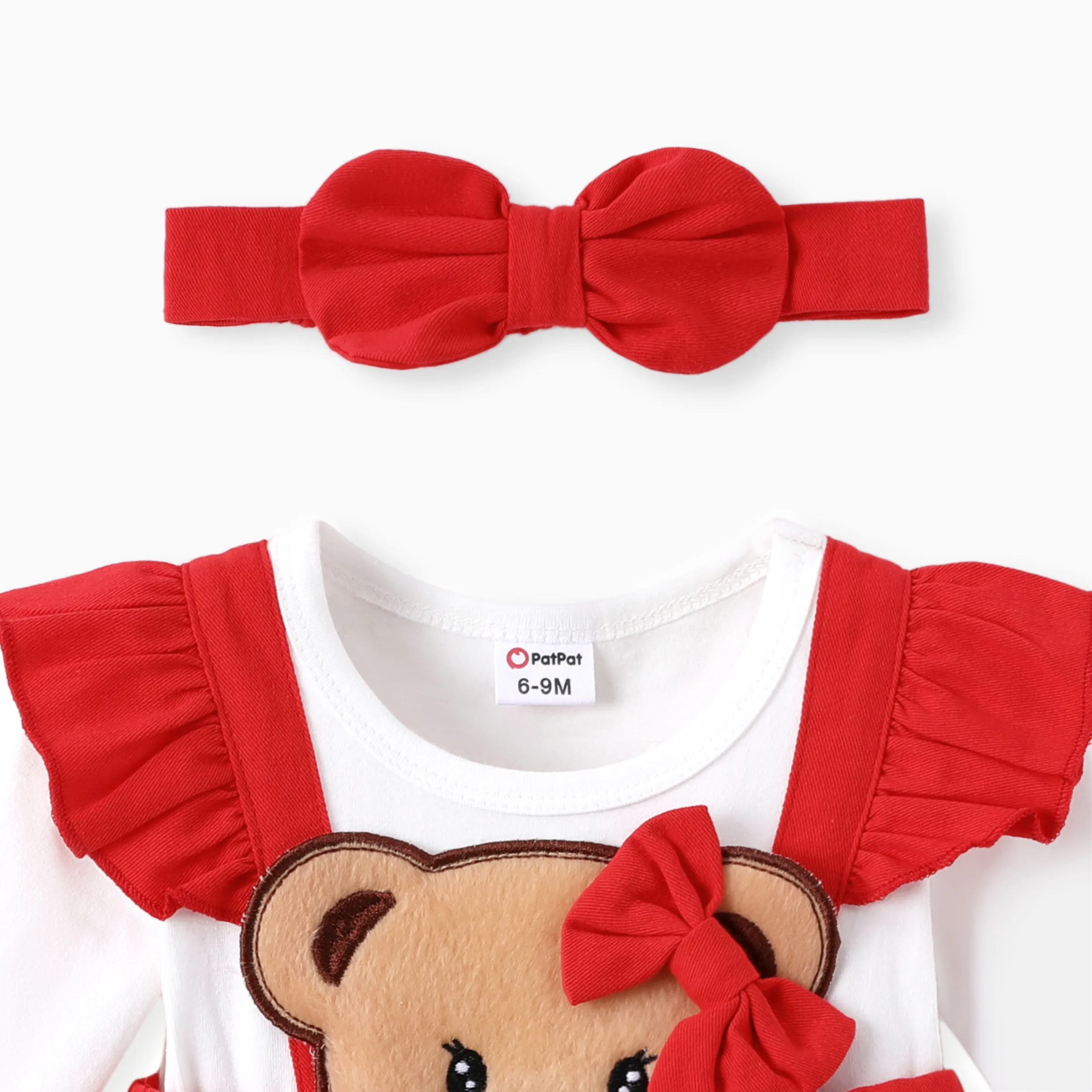 Baby Girl Clothes Bear Style Embroidered Romper with Headband Red - Image 3