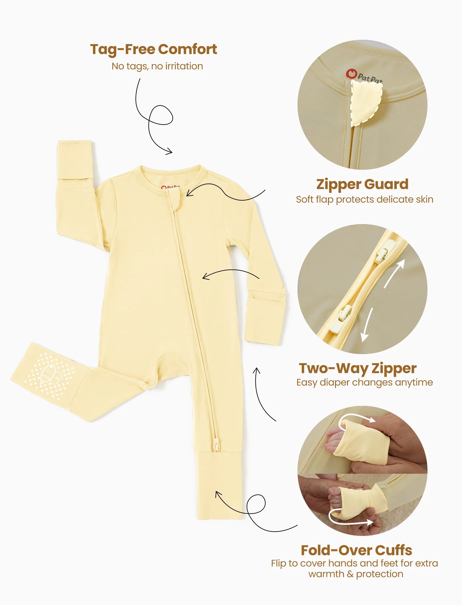Bamboo 2-Pack Footies Baby Boy / Girl 2-Way Zipper Anti Slip Long Sleeve Rompers Pale Yellow - Image 6