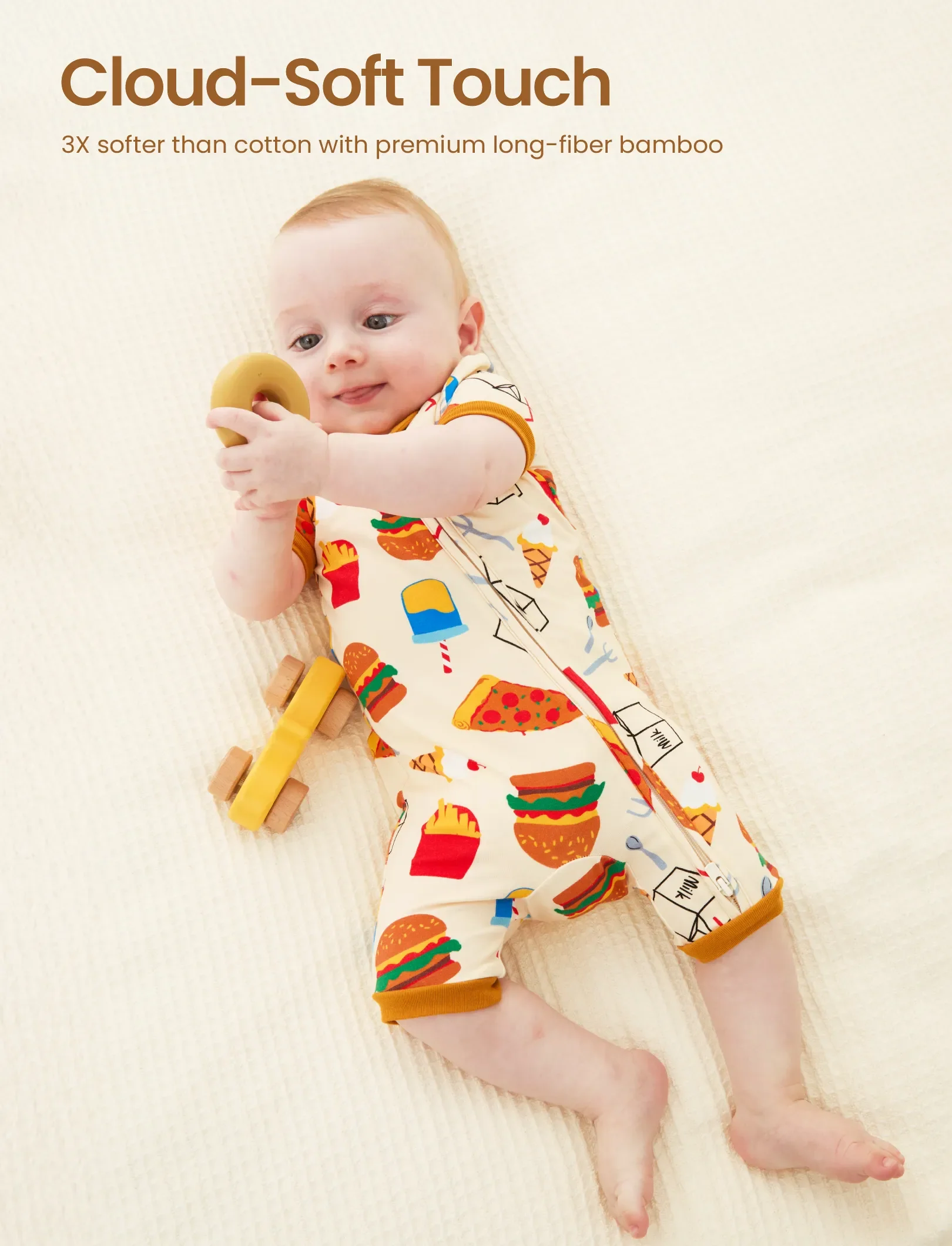 Bamboo Baby Boy / Girl 2-Way Zip Onesies Anti Slip Childlike Food Pattern Bamboo Sleepwear (Snug-Fitting)
 Brown - Image 3