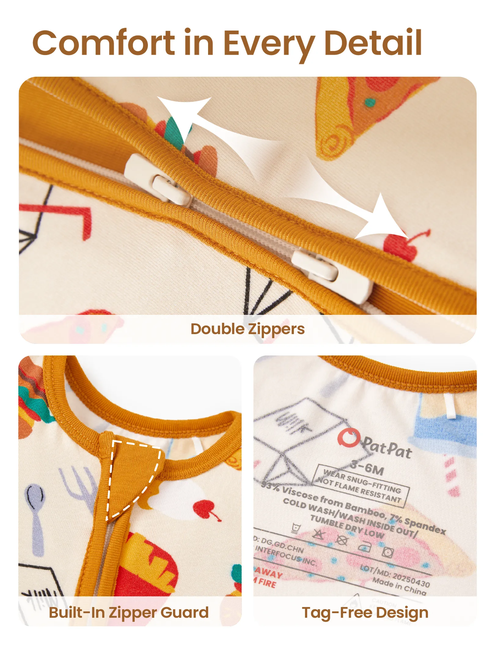 Bamboo Baby Boy / Girl 2-Way Zip Onesies Anti Slip Childlike Food Pattern Bamboo Sleepwear (Snug-Fitting)
 Brown - Image 6