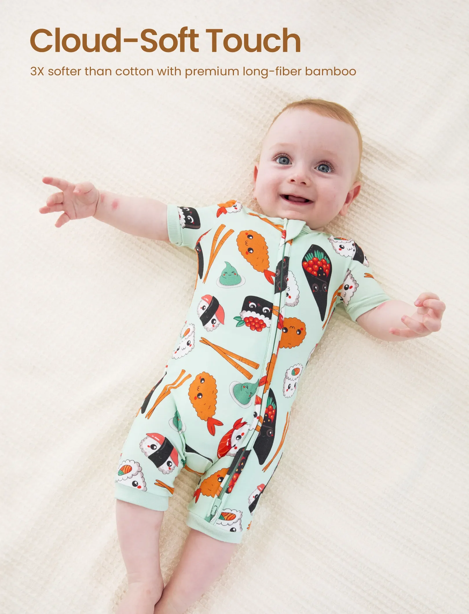 Bamboo Baby Boy / Girl 2-Way Zip Onesies Anti Slip Childlike Food Pattern Bamboo Sleepwear (Snug-Fitting)
 Green - Image 3