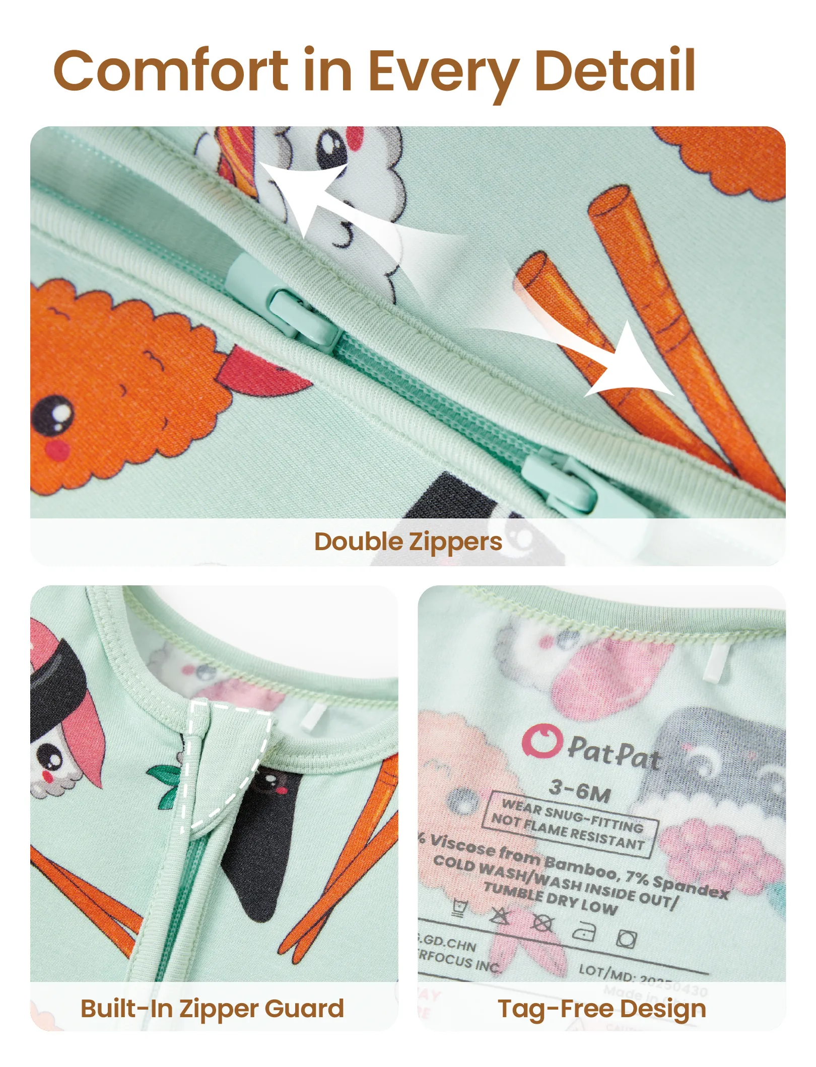 Bamboo Baby Boy / Girl 2-Way Zip Onesies Anti Slip Childlike Food Pattern Bamboo Sleepwear (Snug-Fitting)
 Green - Image 6