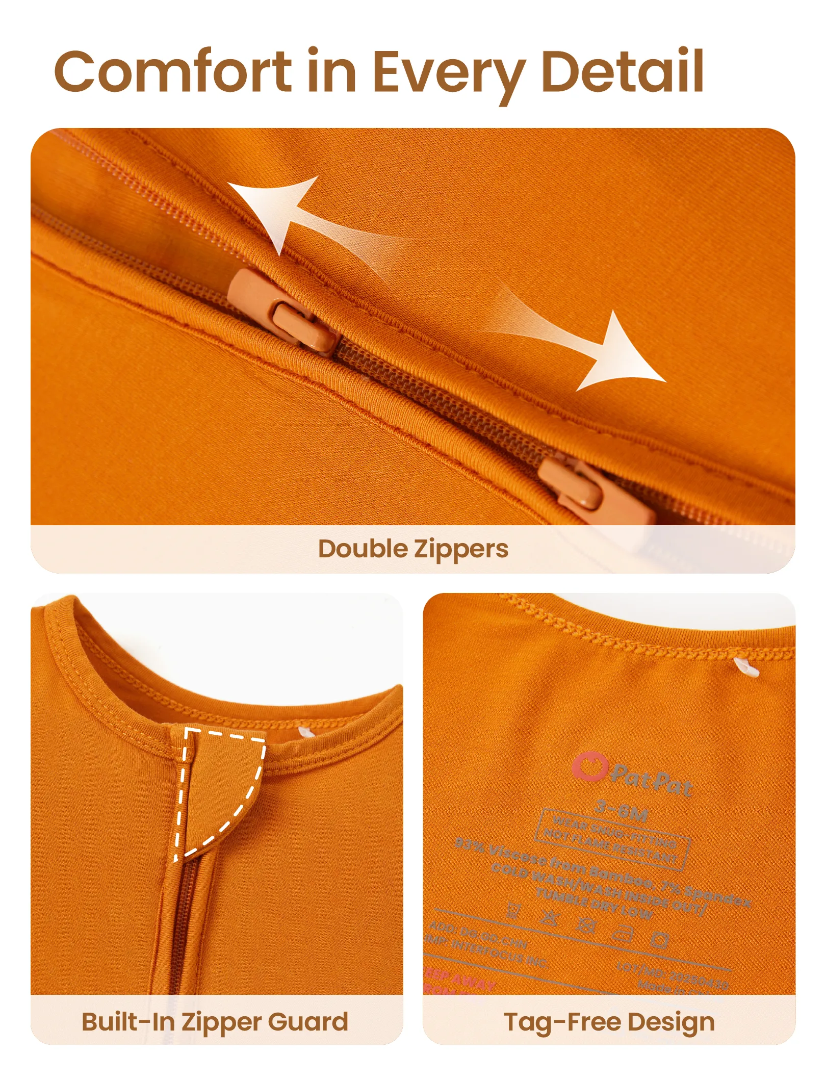 Bamboo Baby Boy / Girl 2-Way Zip Onesies Anti Slip Childlike Food Pattern Bamboo Sleepwear (Snug-Fitting)
 Orange - Image 6