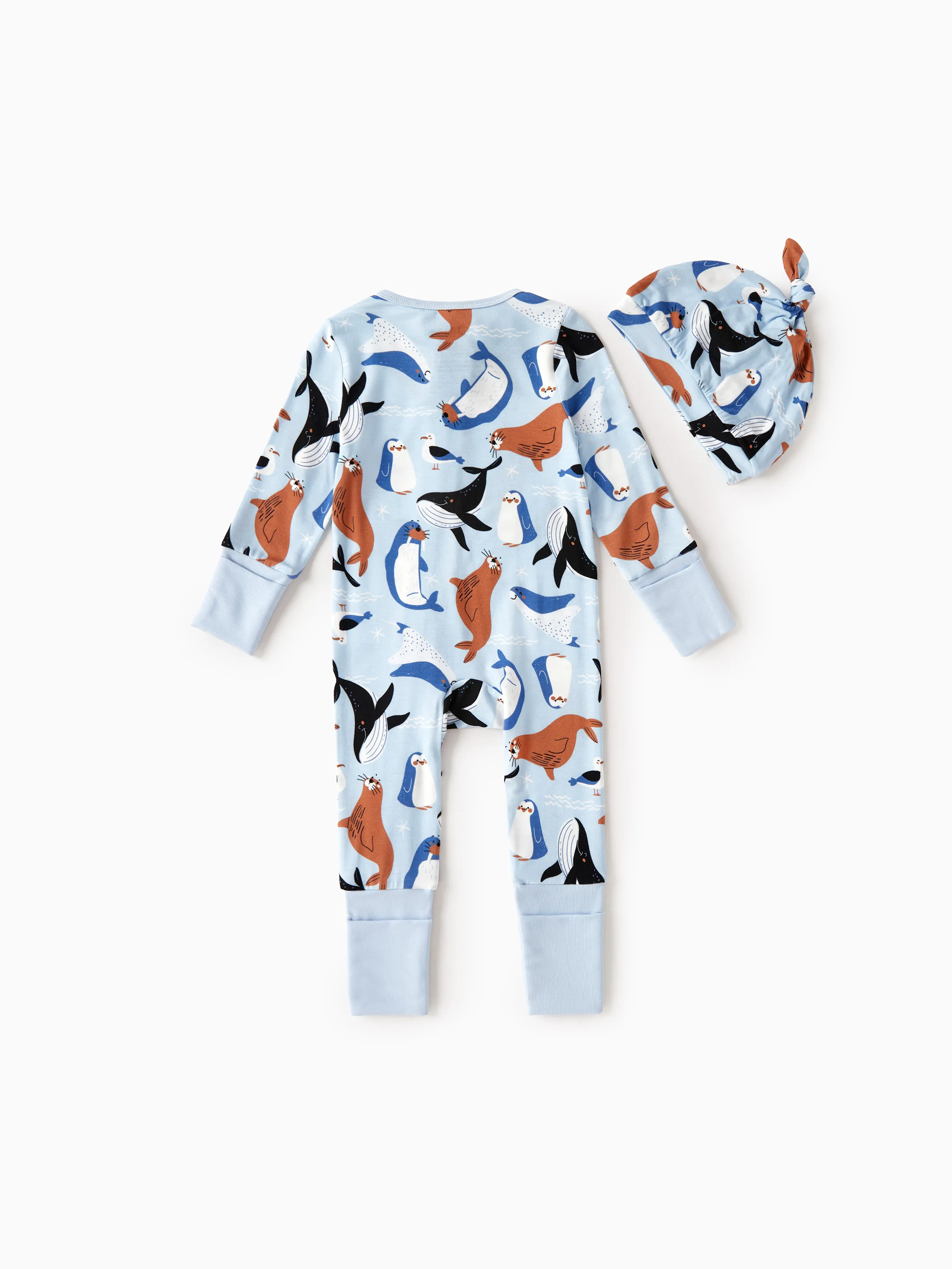 Bamboo Baby Boy/Girl Animal Printed 2-Way Zip Onesies Anti Slip Long-sleeve Footie with Hairband Royal Blue - Image 9