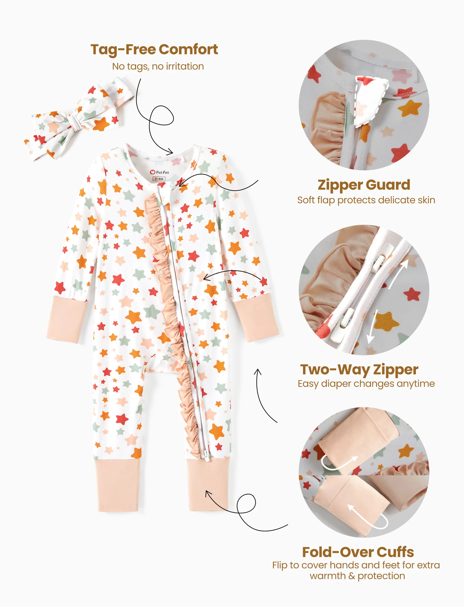 Bamboo Baby Boy/Girl Animal Printed 2-Way Zipper Anti Slip Long-sleeve Footie with/without Hairband Apricot - Image 6