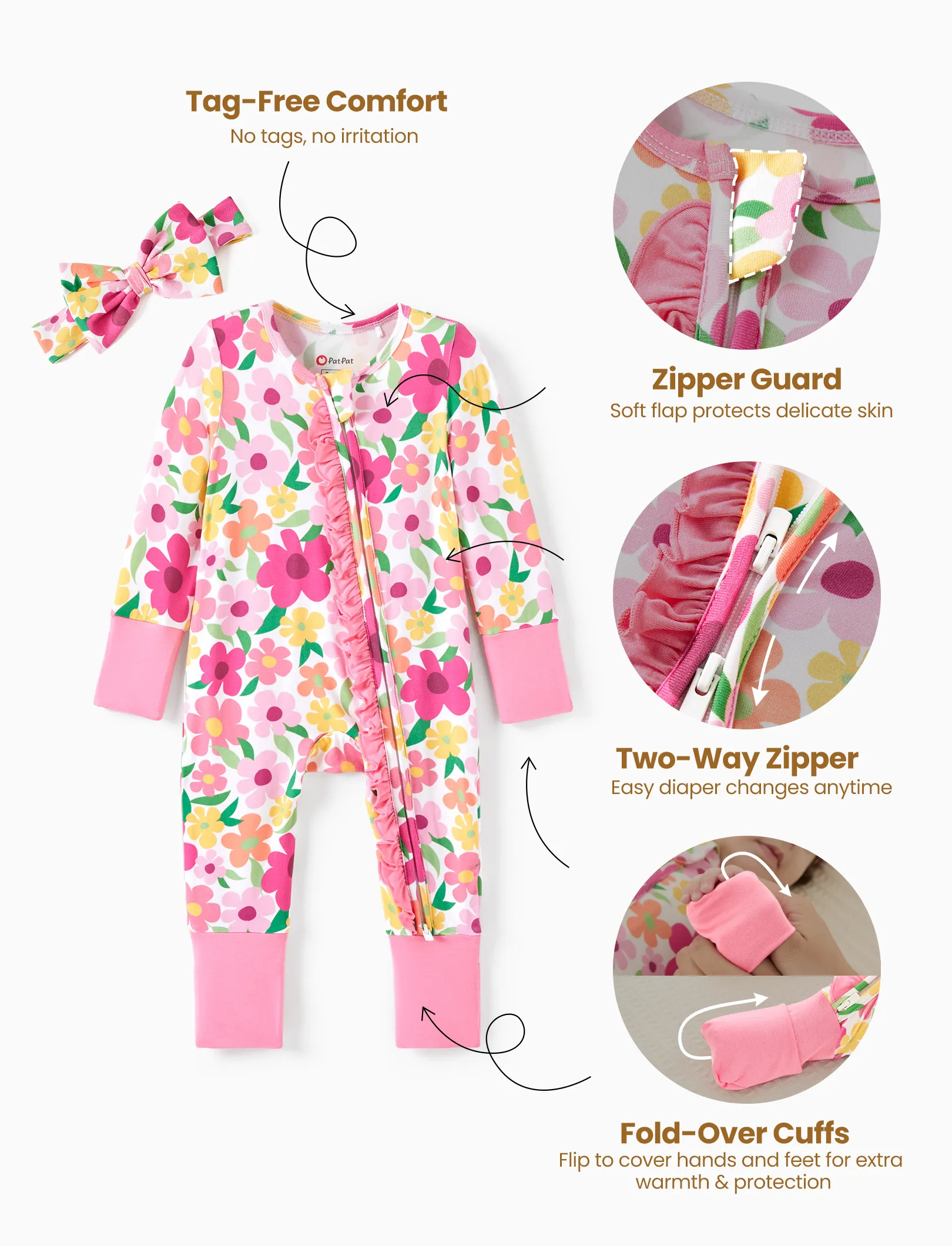Bamboo Baby Boy/Girl Animal Printed 2-Way Zipper Anti Slip Long-sleeve Footie with/without Hairband Dark Pink - Image 6