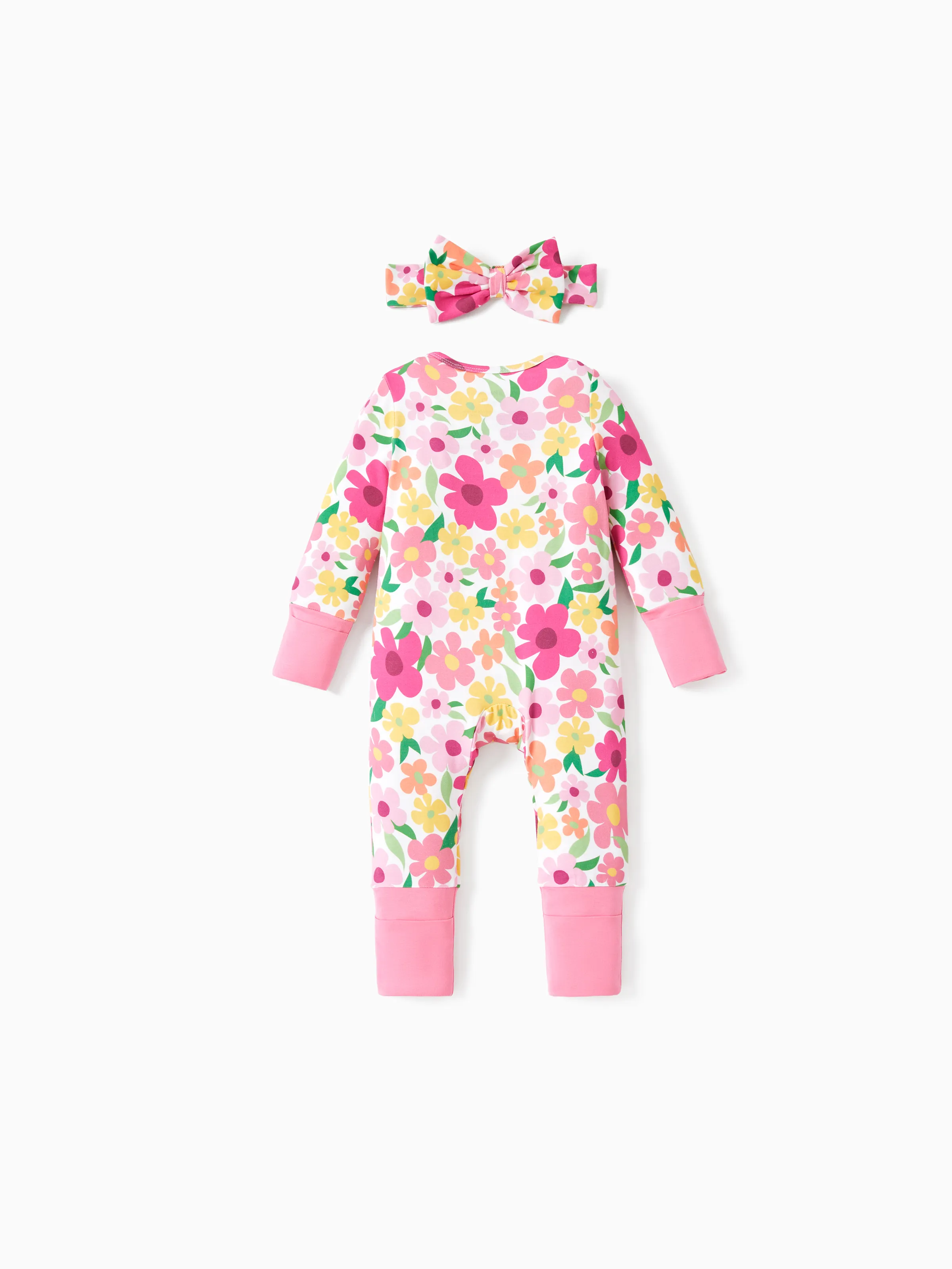 Bamboo Baby Boy/Girl Animal Printed 2-Way Zipper Anti Slip Long-sleeve Footie with/without Hairband Dark Pink - Image 8