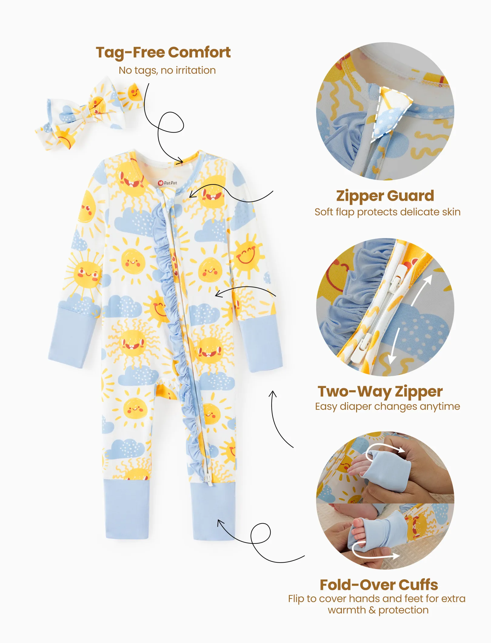 Bamboo Baby Boy/Girl Animal Printed 2-Way Zipper Anti Slip Long-sleeve Footie with/without Hairband Light Blue - Image 6