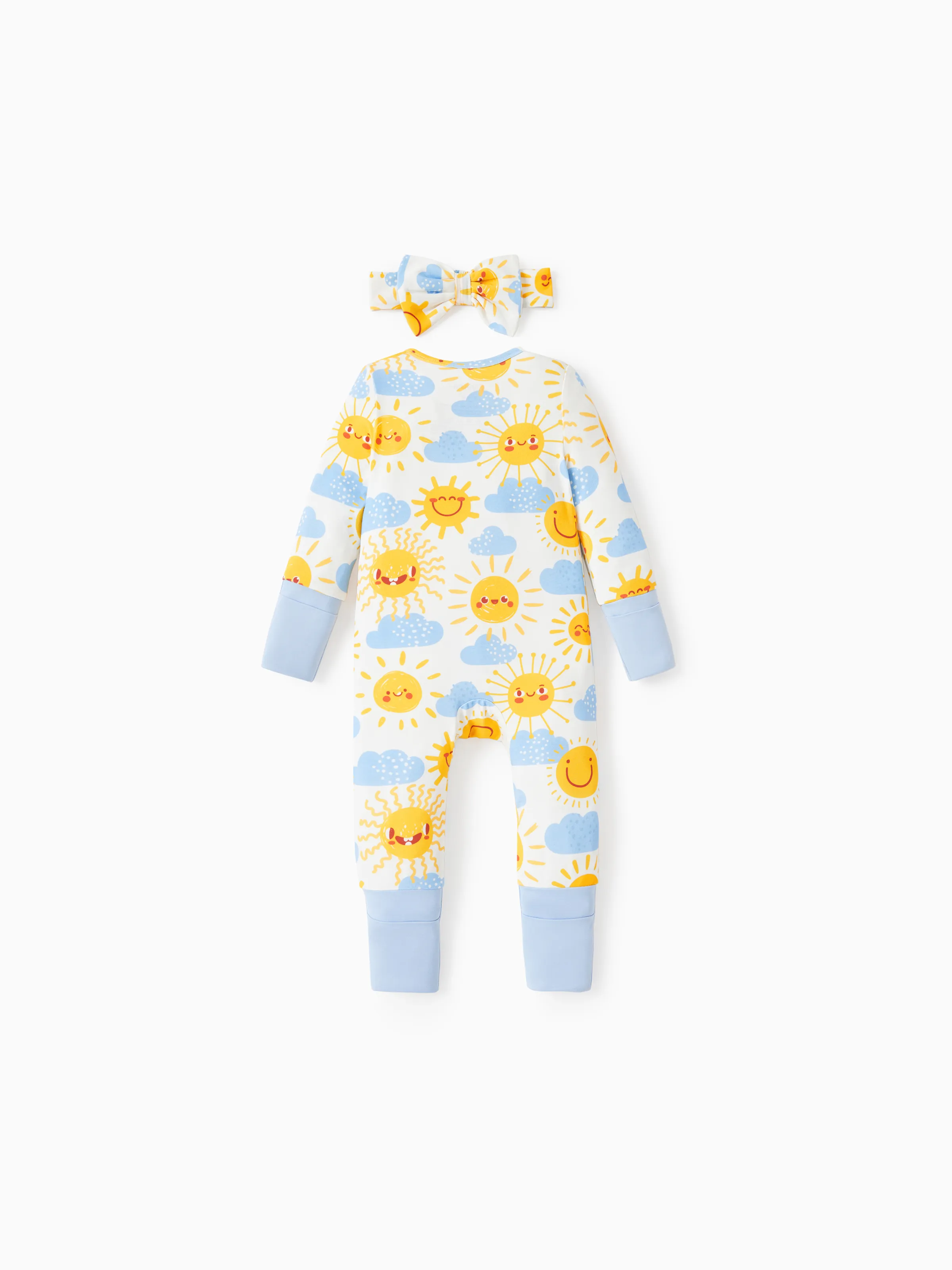 Bamboo Baby Boy/Girl Animal Printed 2-Way Zipper Anti Slip Long-sleeve Footie with/without Hairband Light Blue - Image 7