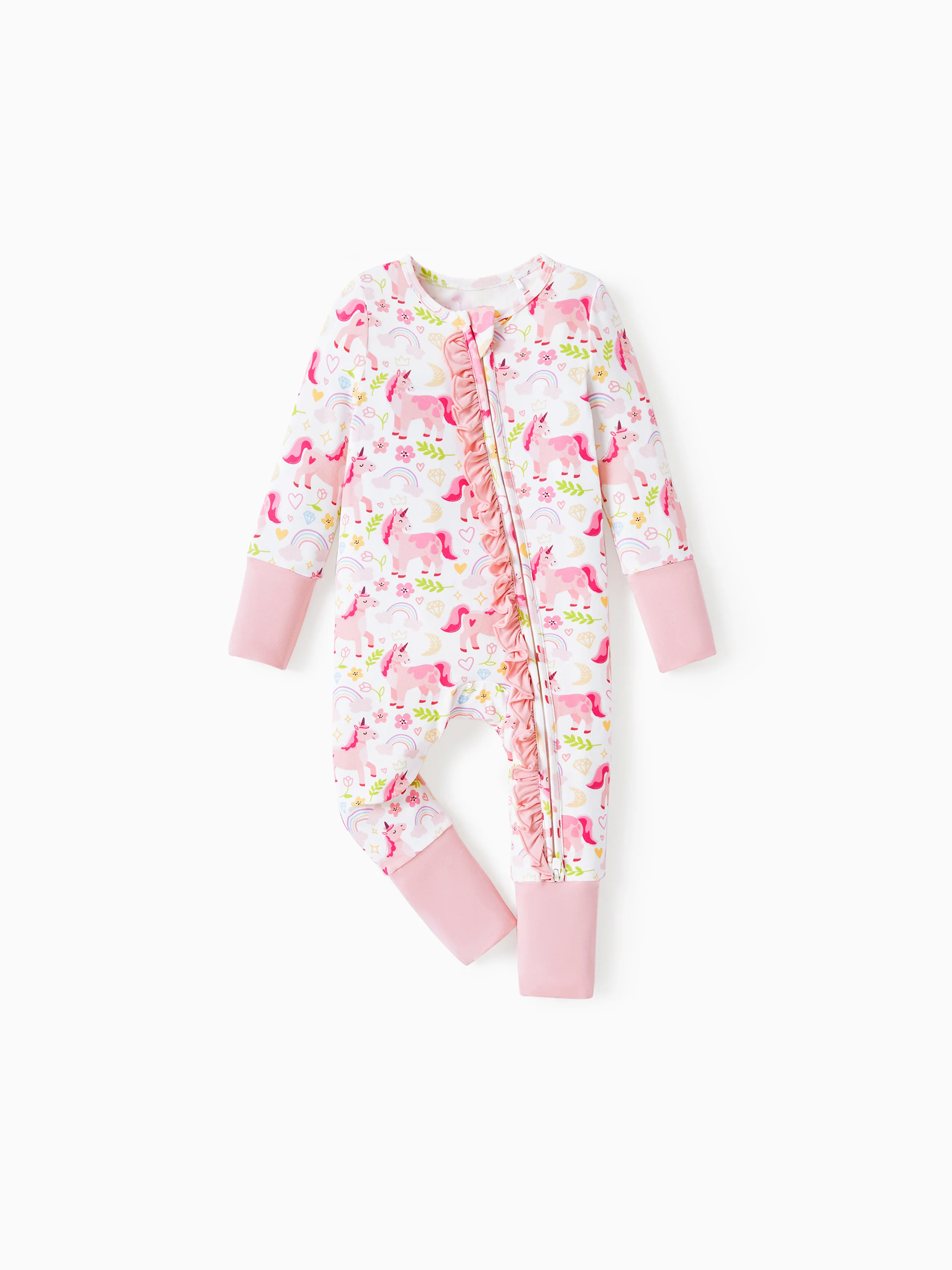 Bamboo Baby Boy/Girl Animal Printed 2-Way Zipper Anti Slip Long-sleeve Footie with/without Hairband Pink - Image 15