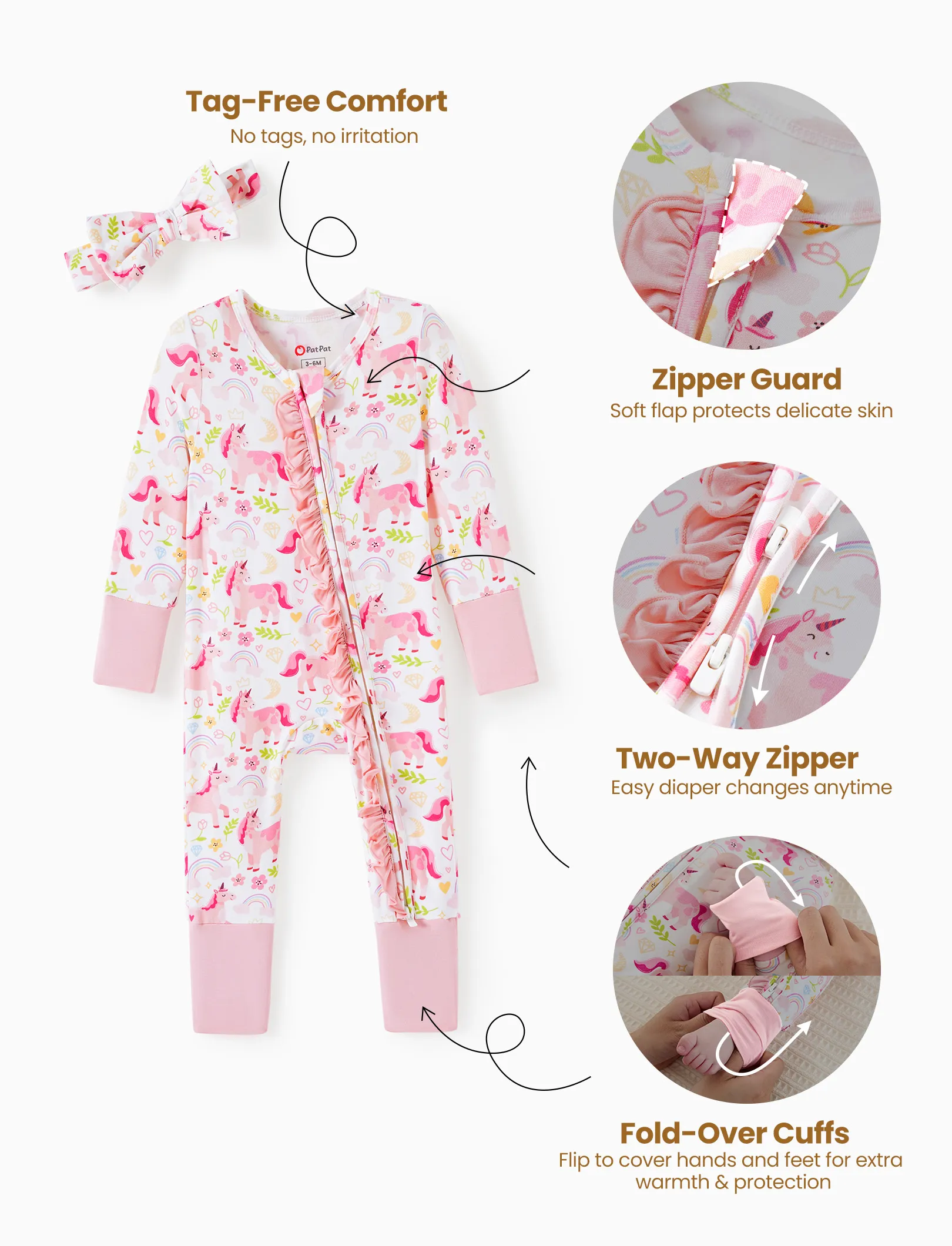 Bamboo Baby Boy/Girl Animal Printed 2-Way Zipper Anti Slip Long-sleeve Footie with/without Hairband Pink - Image 7