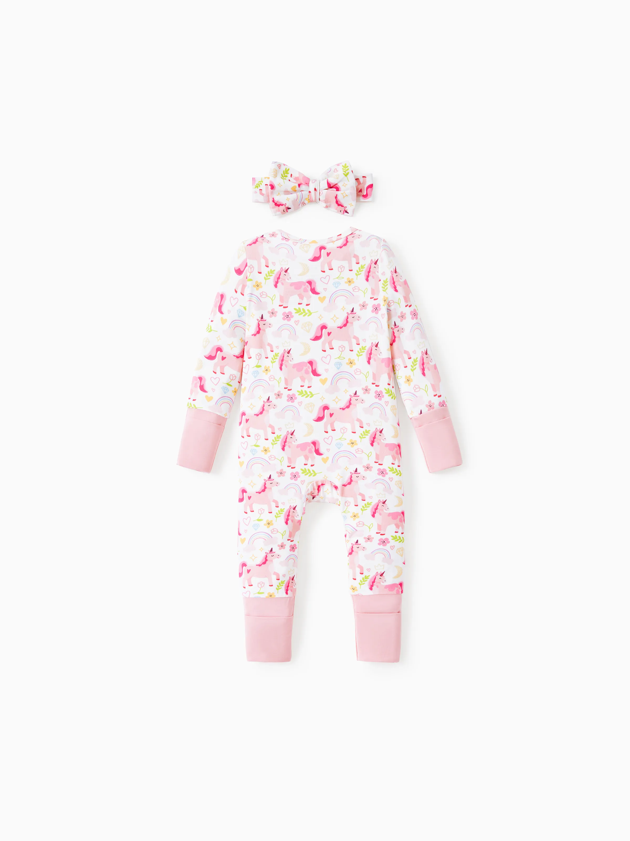Bamboo Baby Boy/Girl Animal Printed 2-Way Zipper Anti Slip Long-sleeve Footie with/without Hairband Pink - Image 8
