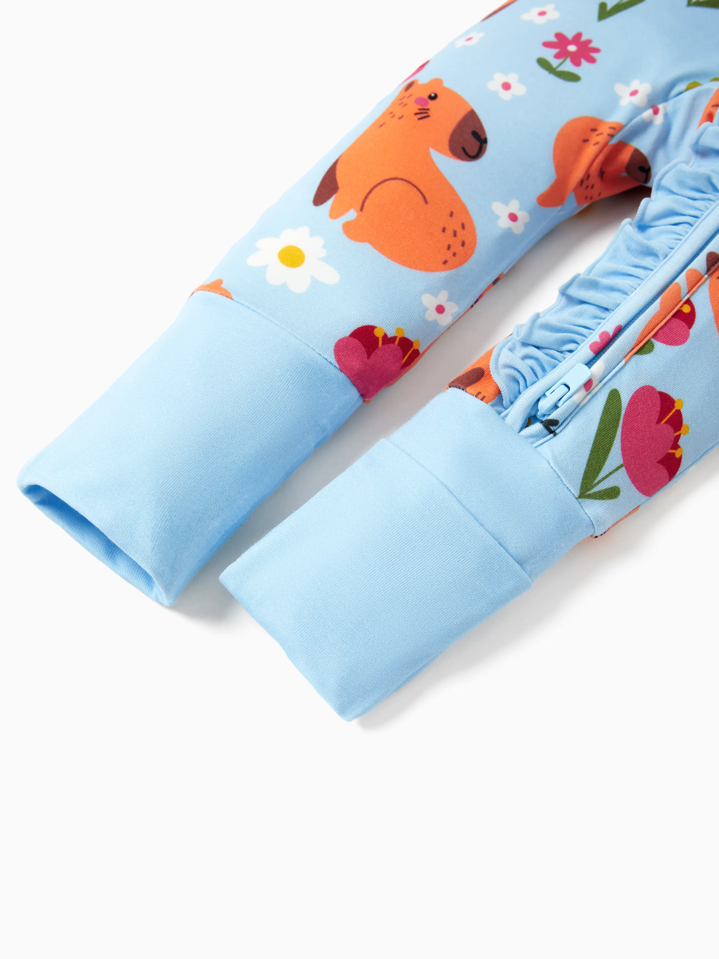 Bamboo Baby Boy/Girl Animal Printed 2-Way Zipper Anti Slip Long-sleeve Footie with/without Hairband Turquoise - Image 12