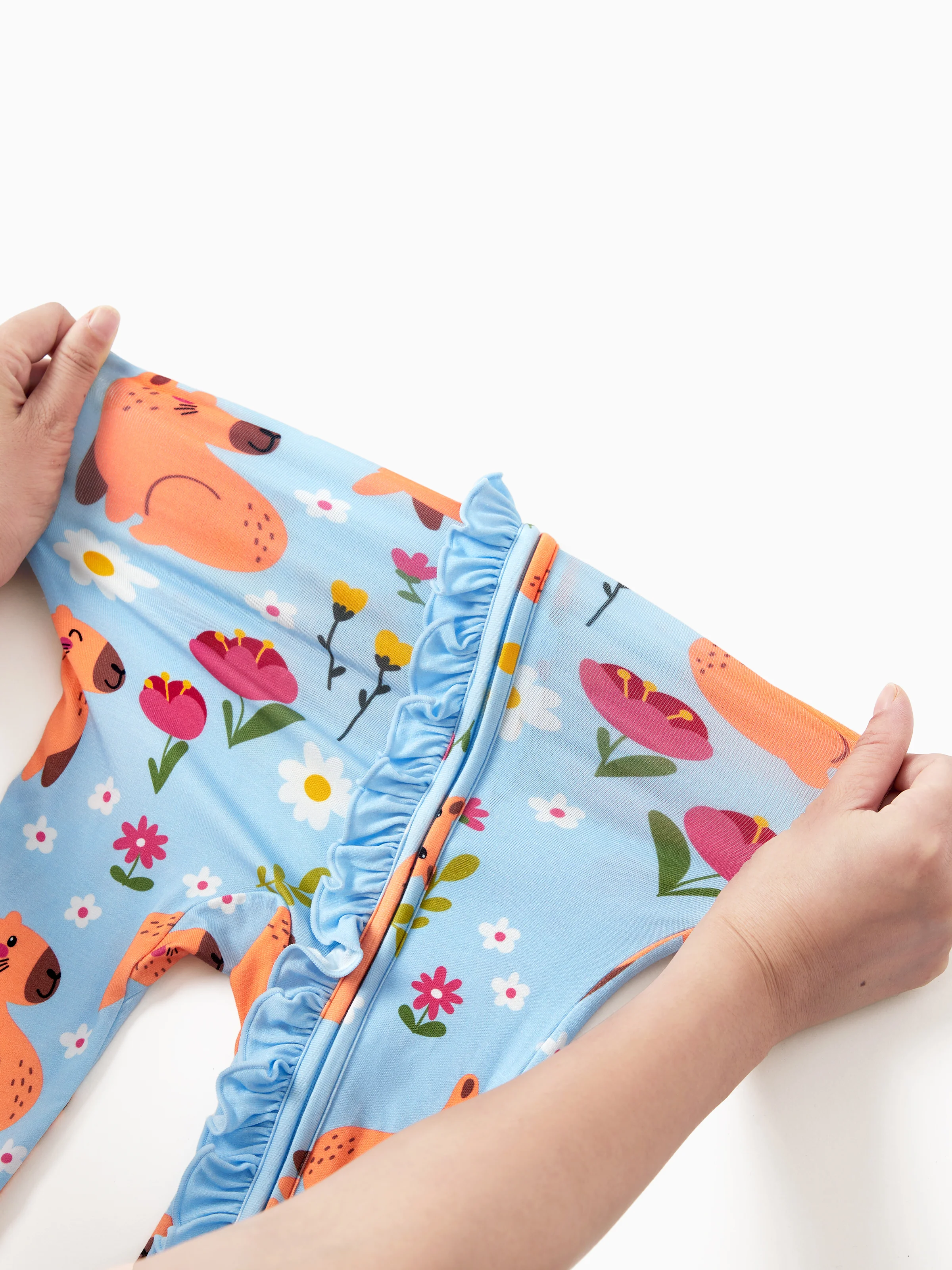 Bamboo Baby Boy/Girl Animal Printed 2-Way Zipper Anti Slip Long-sleeve Footie with/without Hairband Turquoise - Image 15