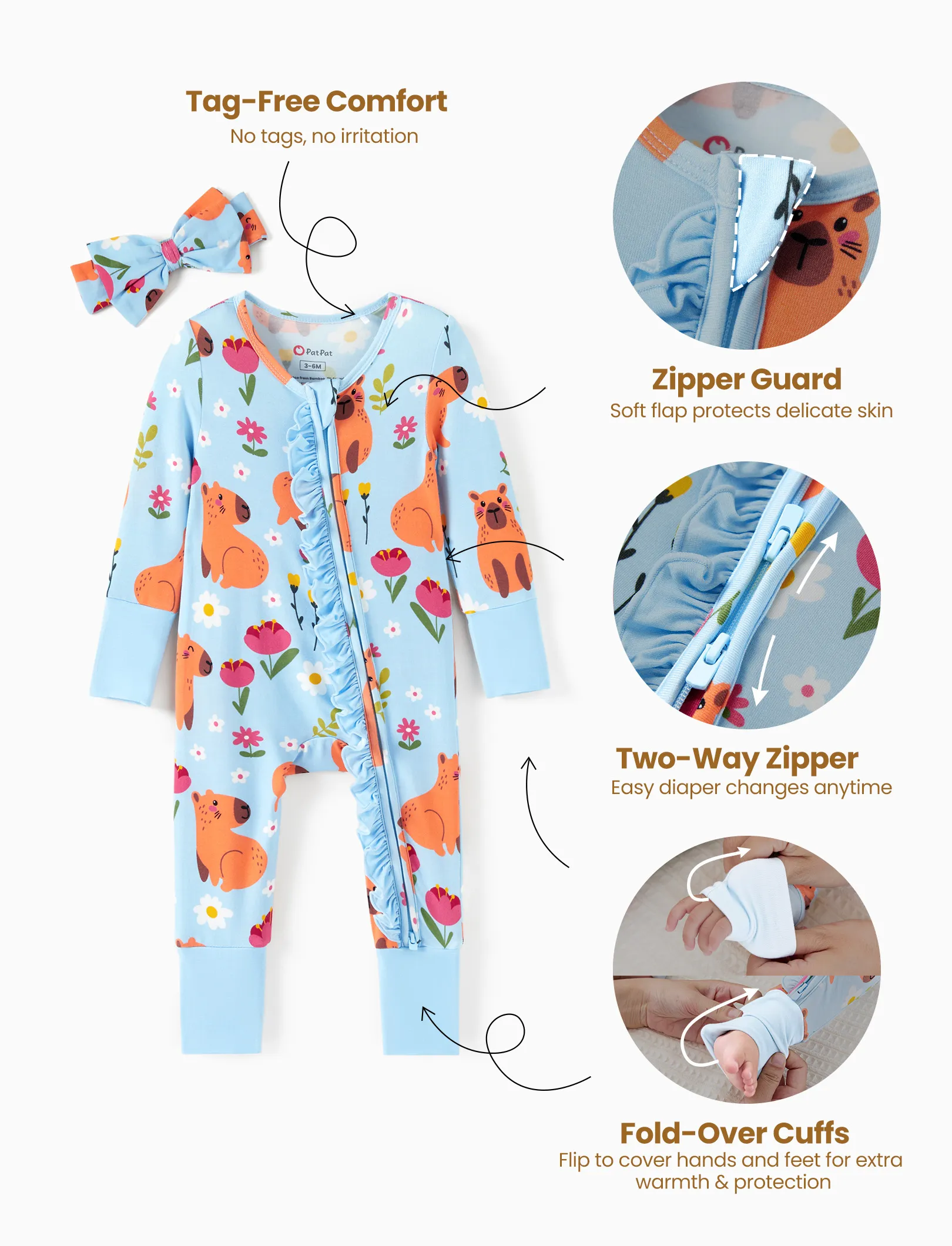 Bamboo Baby Boy/Girl Animal Printed 2-Way Zipper Anti Slip Long-sleeve Footie with/without Hairband Turquoise - Image 4