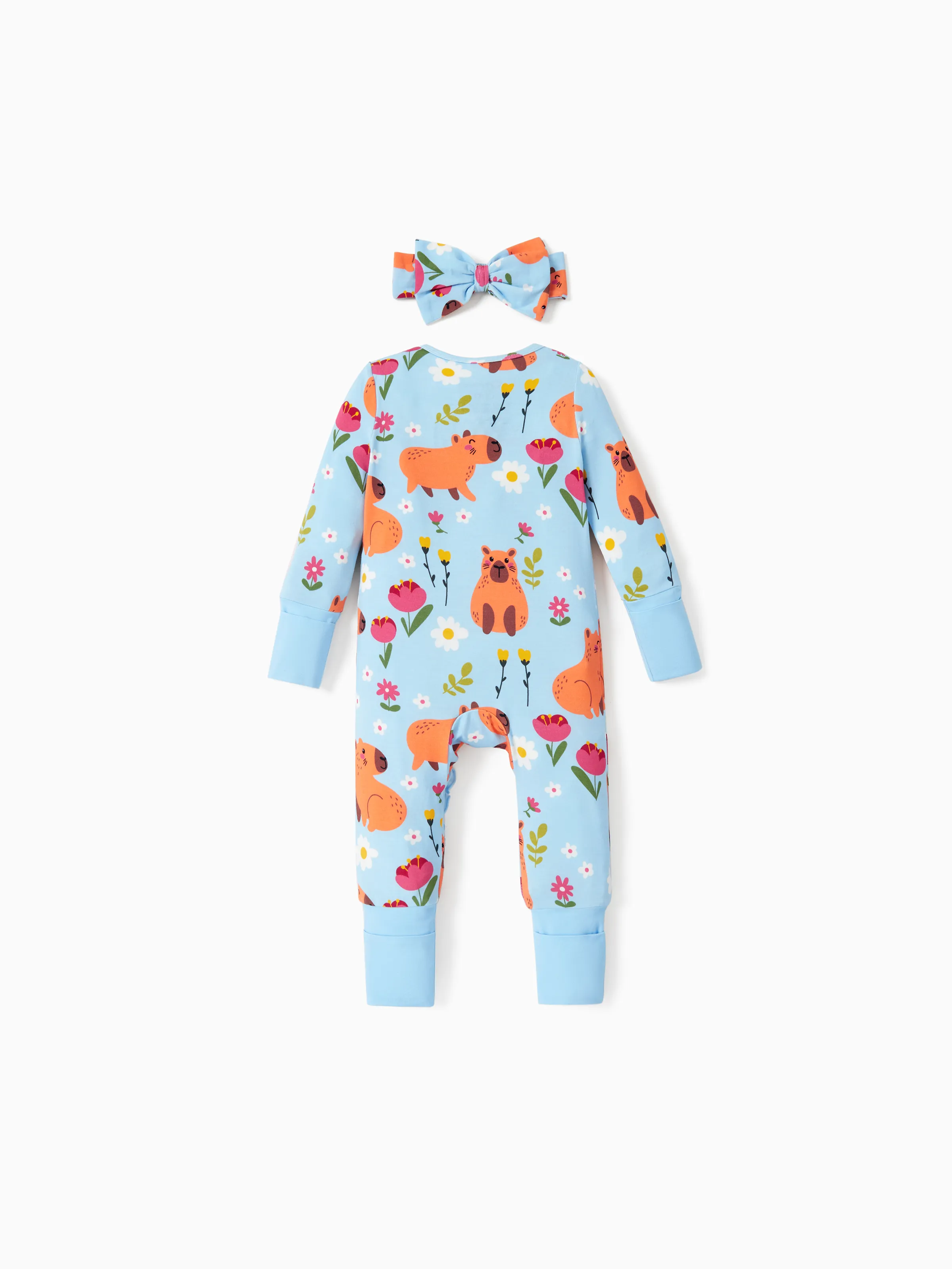 Bamboo Baby Boy/Girl Animal Printed 2-Way Zipper Anti Slip Long-sleeve Footie with/without Hairband Turquoise - Image 5
