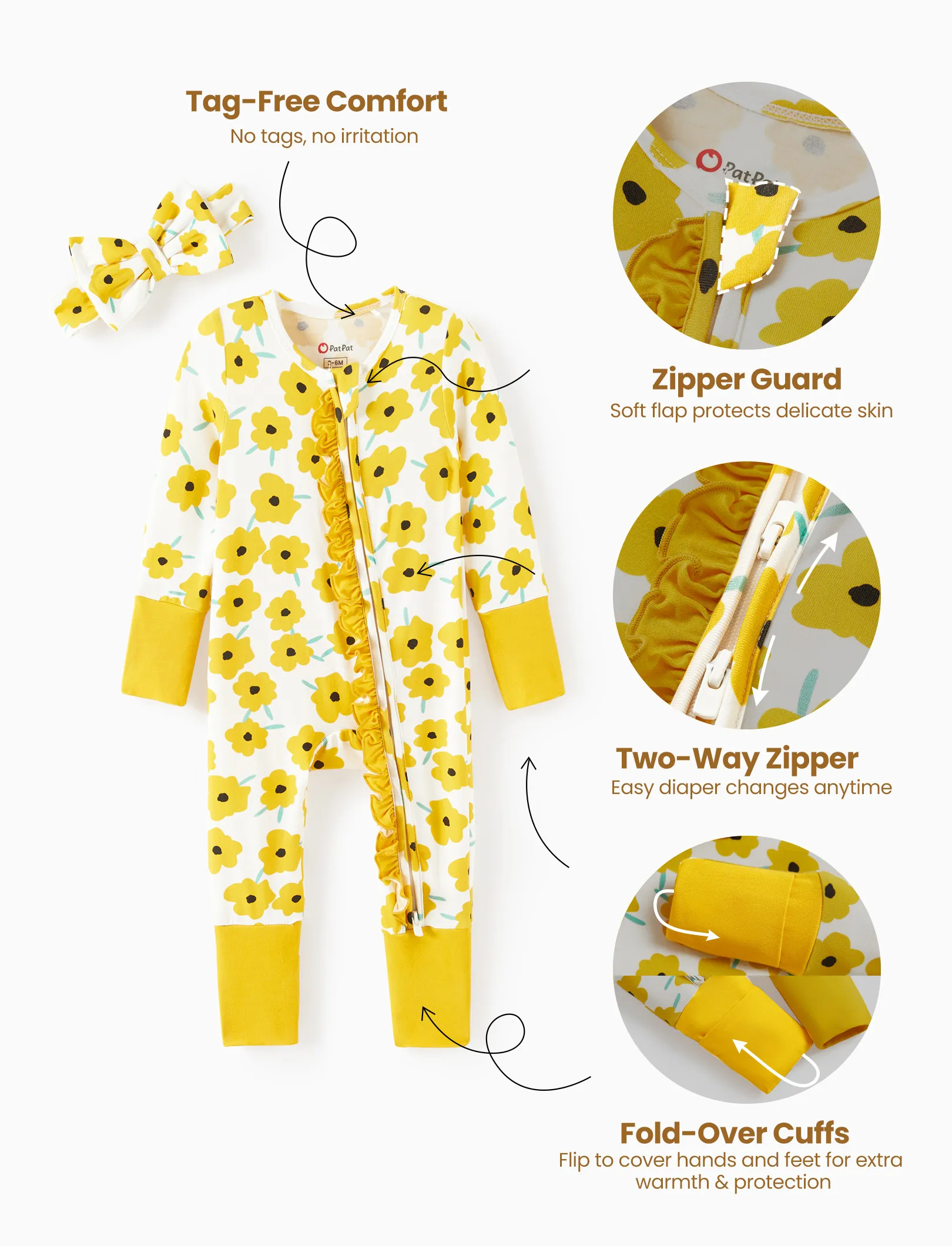 Bamboo Baby Boy/Girl Animal Printed 2-Way Zipper Anti Slip Long-sleeve Footie with/without Hairband Yellow - Image 6