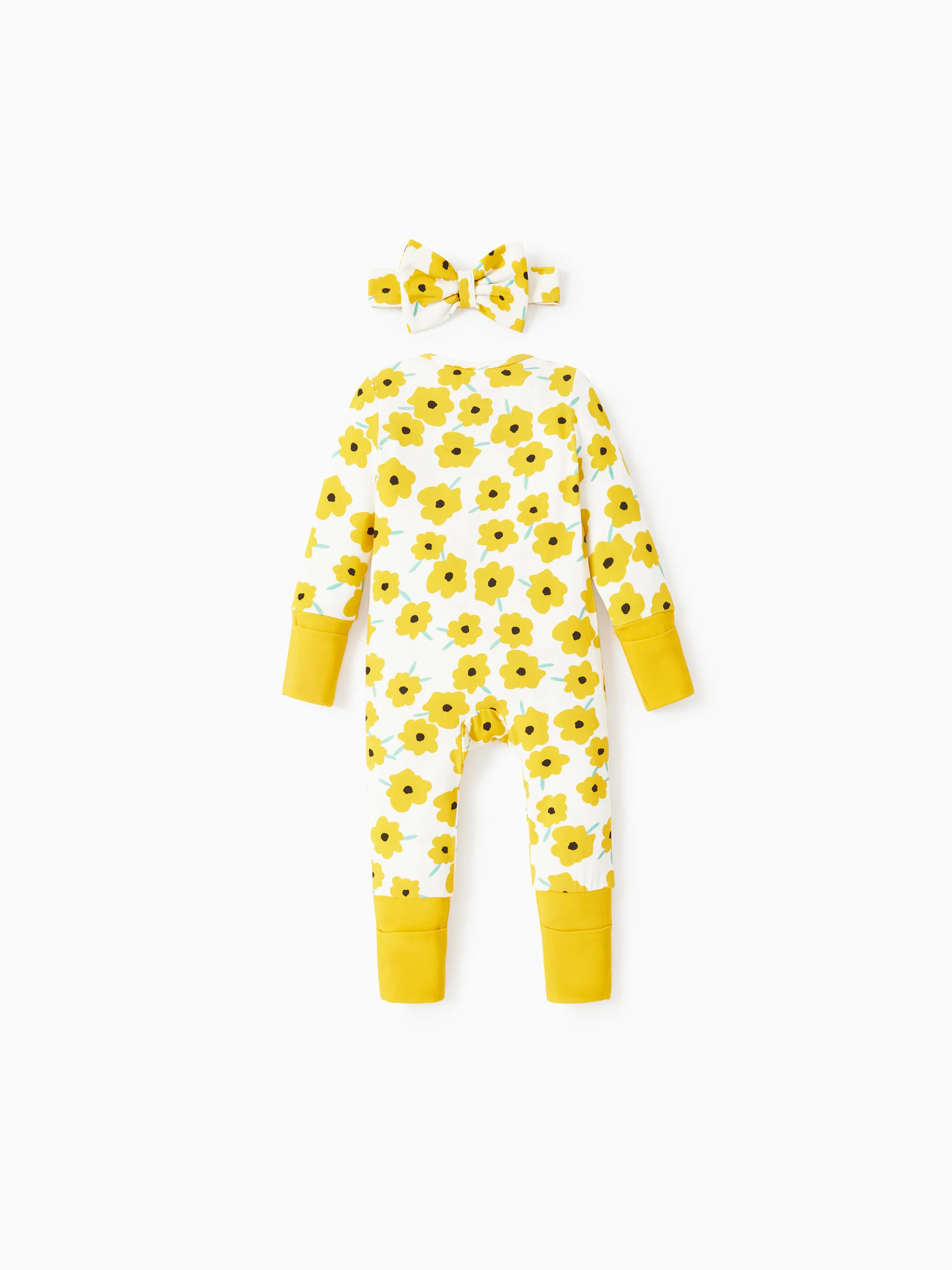 Bamboo Baby Boy/Girl Animal Printed 2-Way Zipper Anti Slip Long-sleeve Footie with/without Hairband Yellow - Image 7