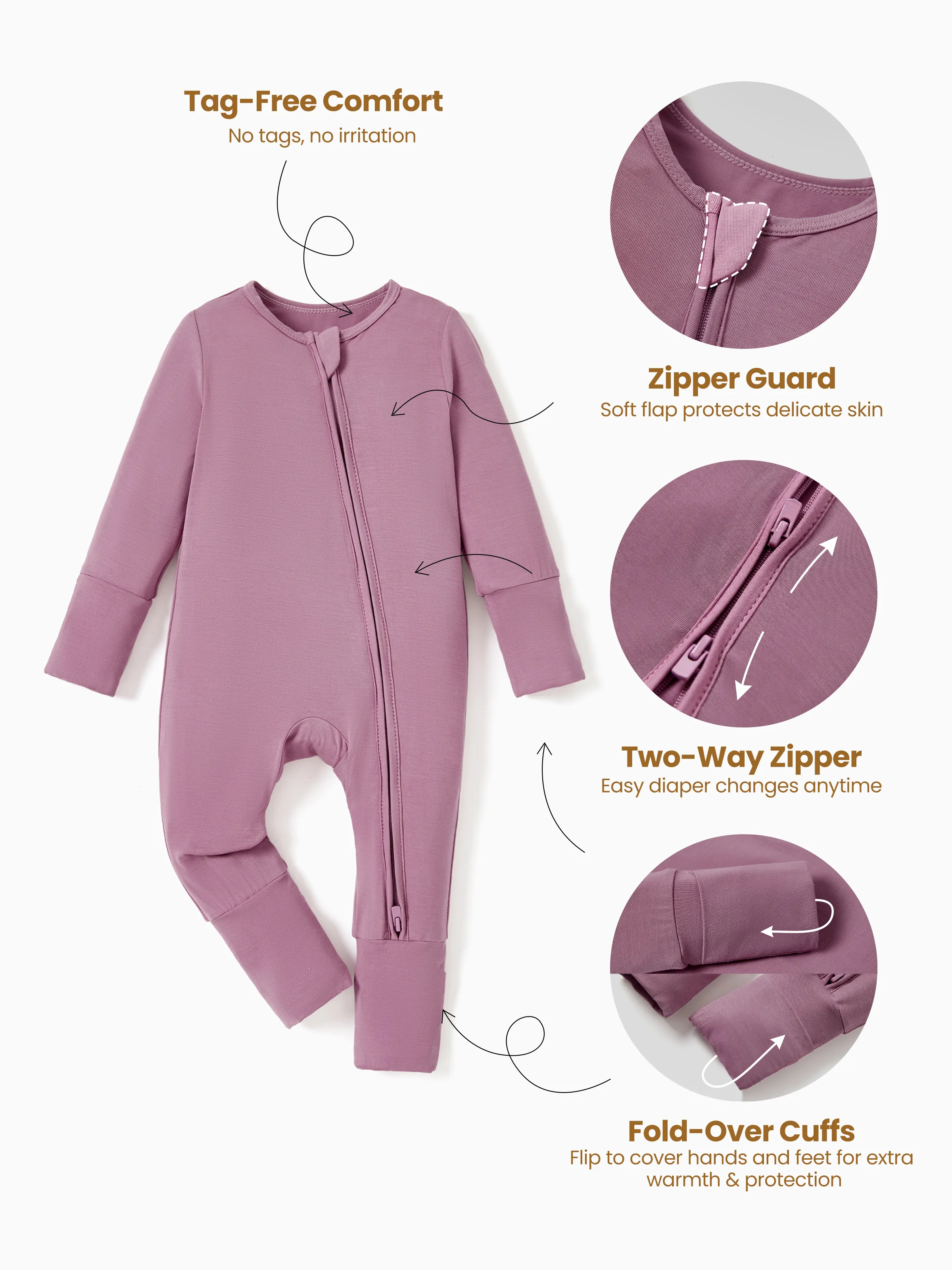 Bamboo Baby Boy / Girl Childlike Animal Pattern 2-way Zipper Footie Purple - Image 5