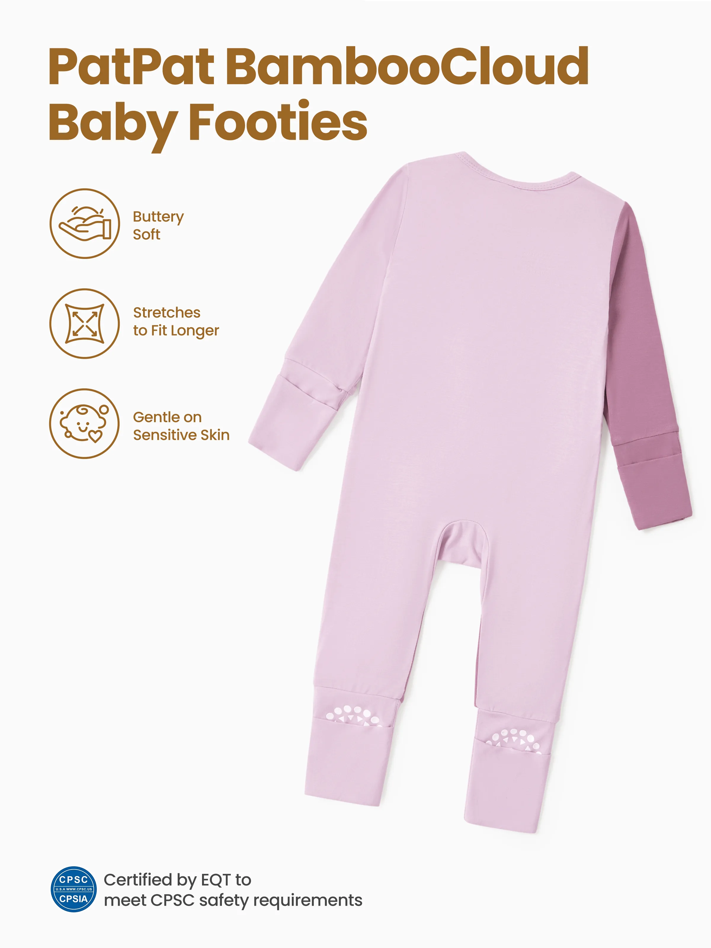 Bamboo Baby Boy / Girl Color Block 2-Way Zipper Anti Slip Long Sleeve Rompers Purple - Image 3