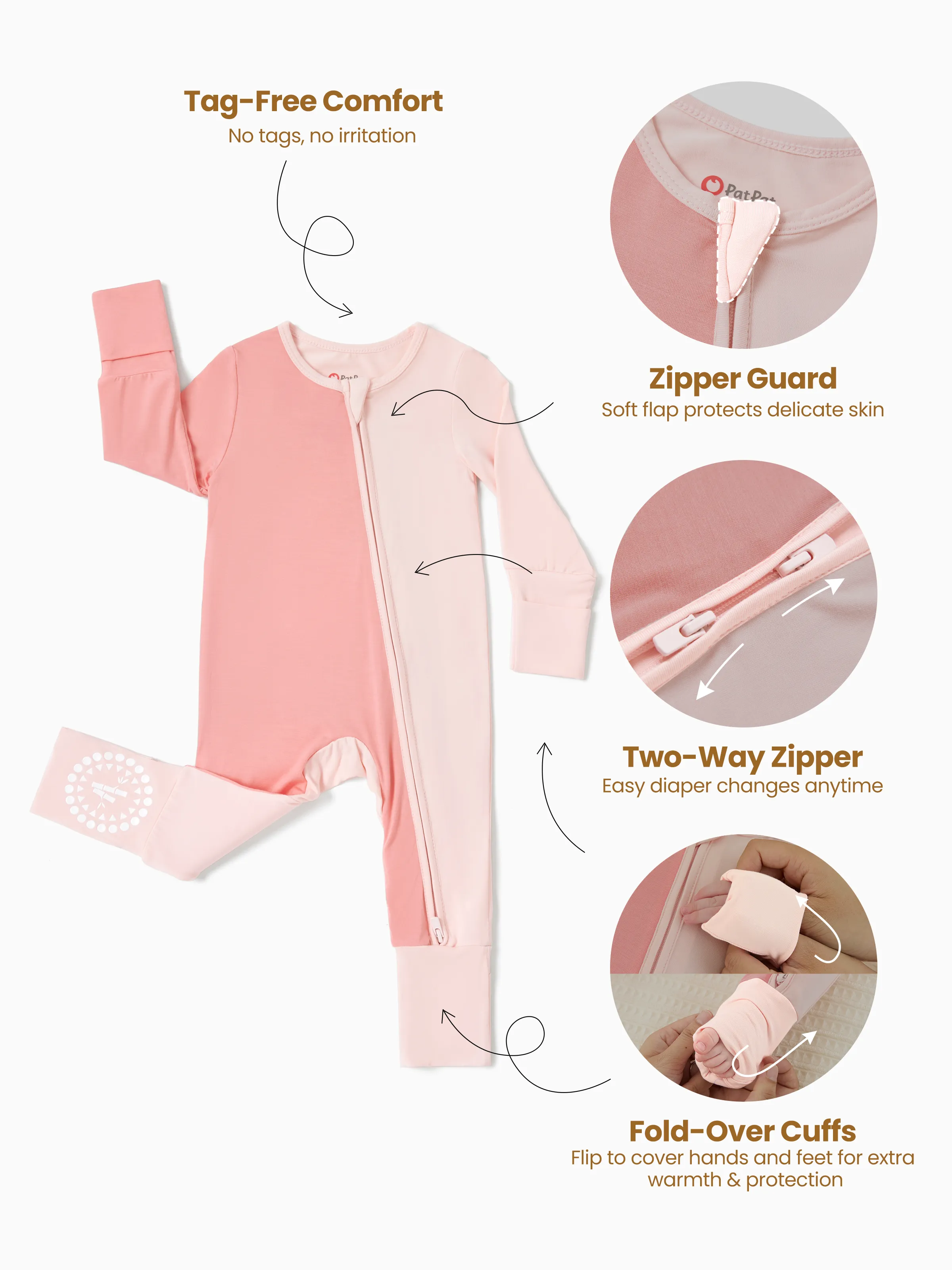 Bamboo Baby Boy / Girl Color Block 2-Way Zipper Anti Slip Long Sleeve Rompers Pink - Image 4