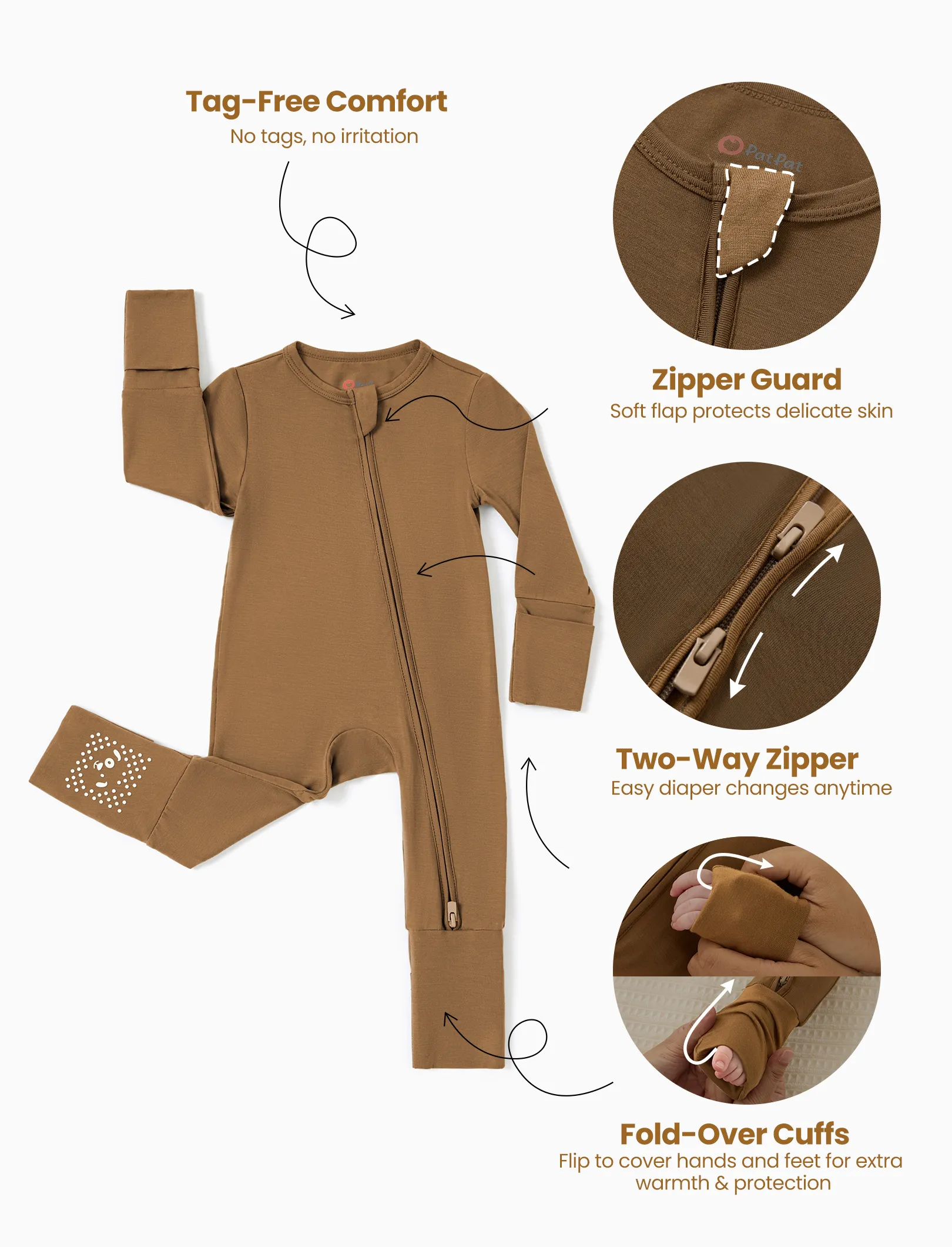 Bamboo Baby Boy/Girl 2-Pack Solid&Bee Printed 2-Way Zipper Anti Slip Footie Coffee - Image 5