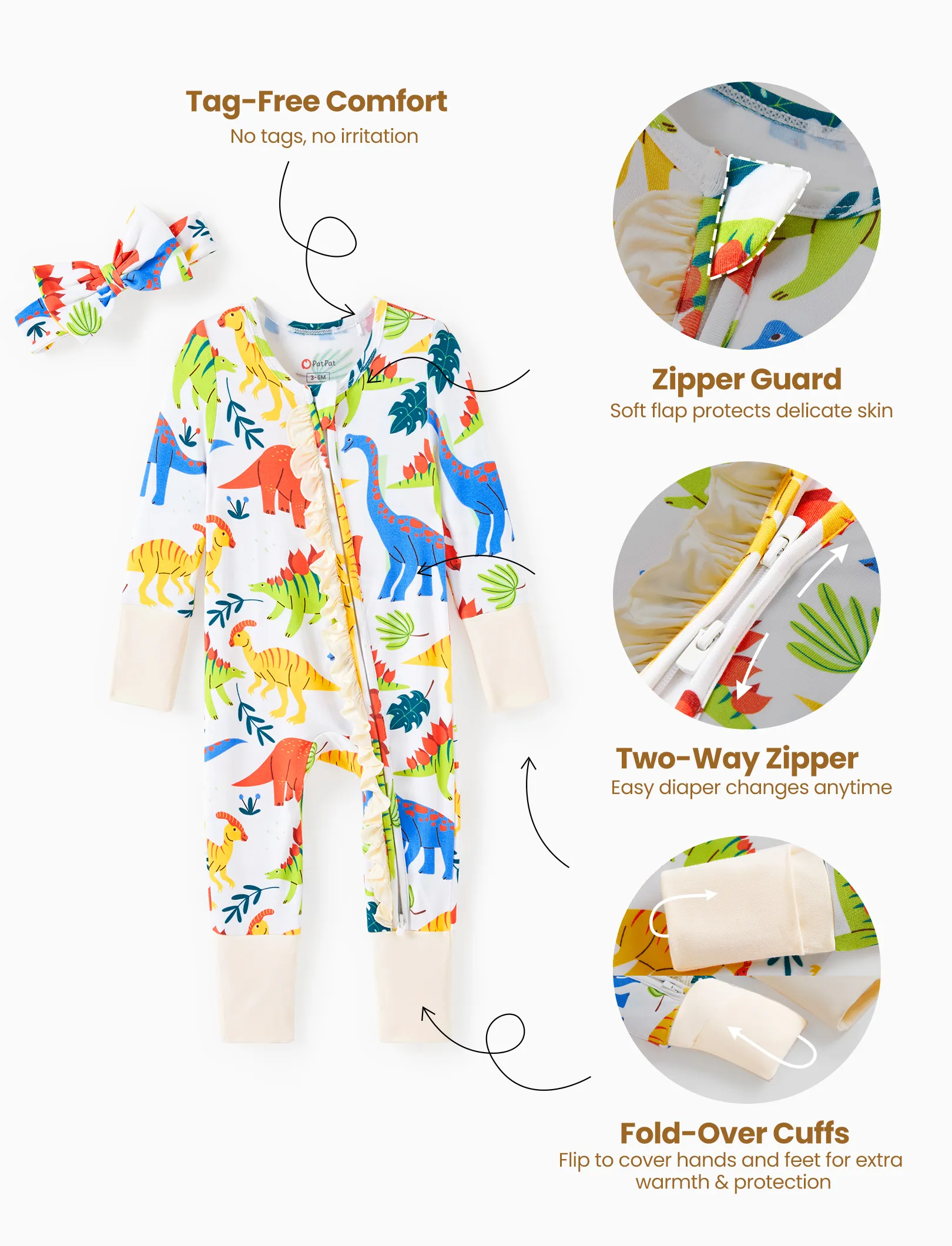 Bamboo Baby Boy/Girl Animal Printed 2-Way Zipper Anti Slip Long-sleeve Footie with Hairband Apricot Yellow - Image 6