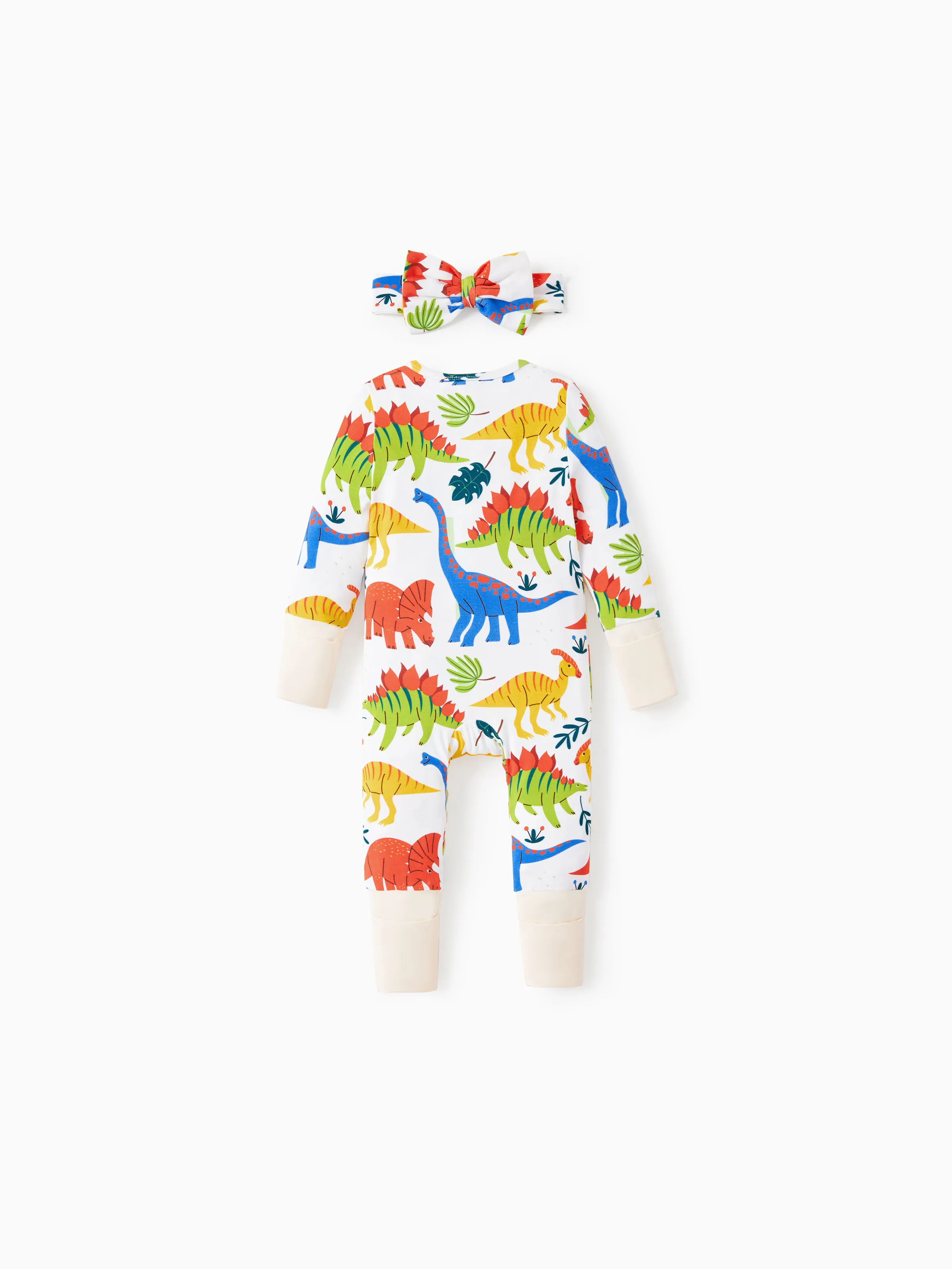 Bamboo Baby Boy/Girl Animal Printed 2-Way Zipper Anti Slip Long-sleeve Footie with Hairband Apricot Yellow - Image 7