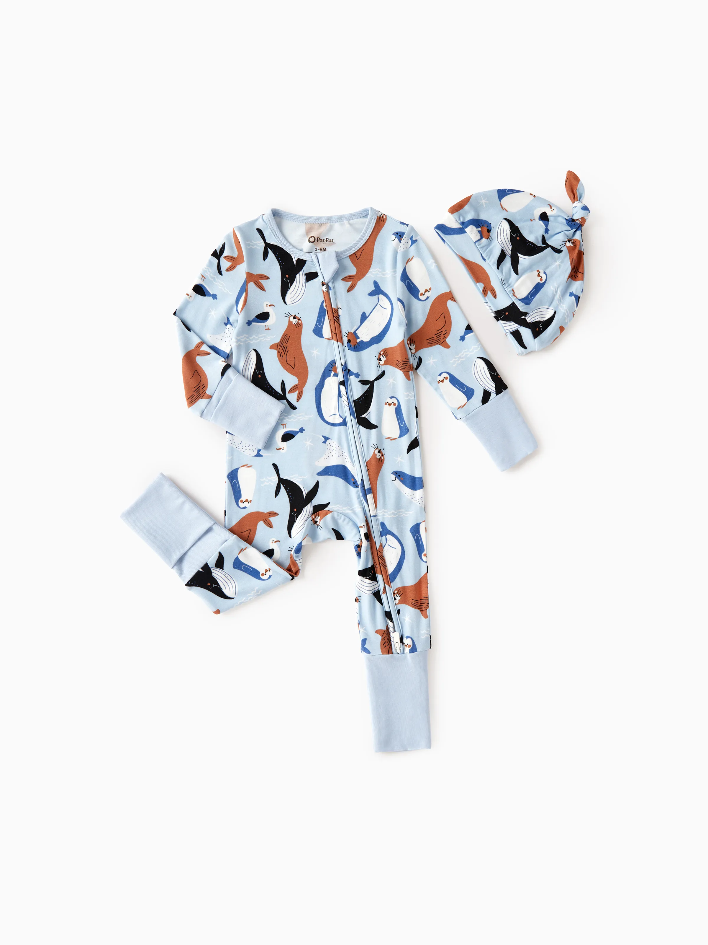 Bamboo Baby Boy/Girl Animal Printed 2-Way Zip Onesies Anti Slip Long-sleeve Footie with Hairband Royal Blue - Image 7