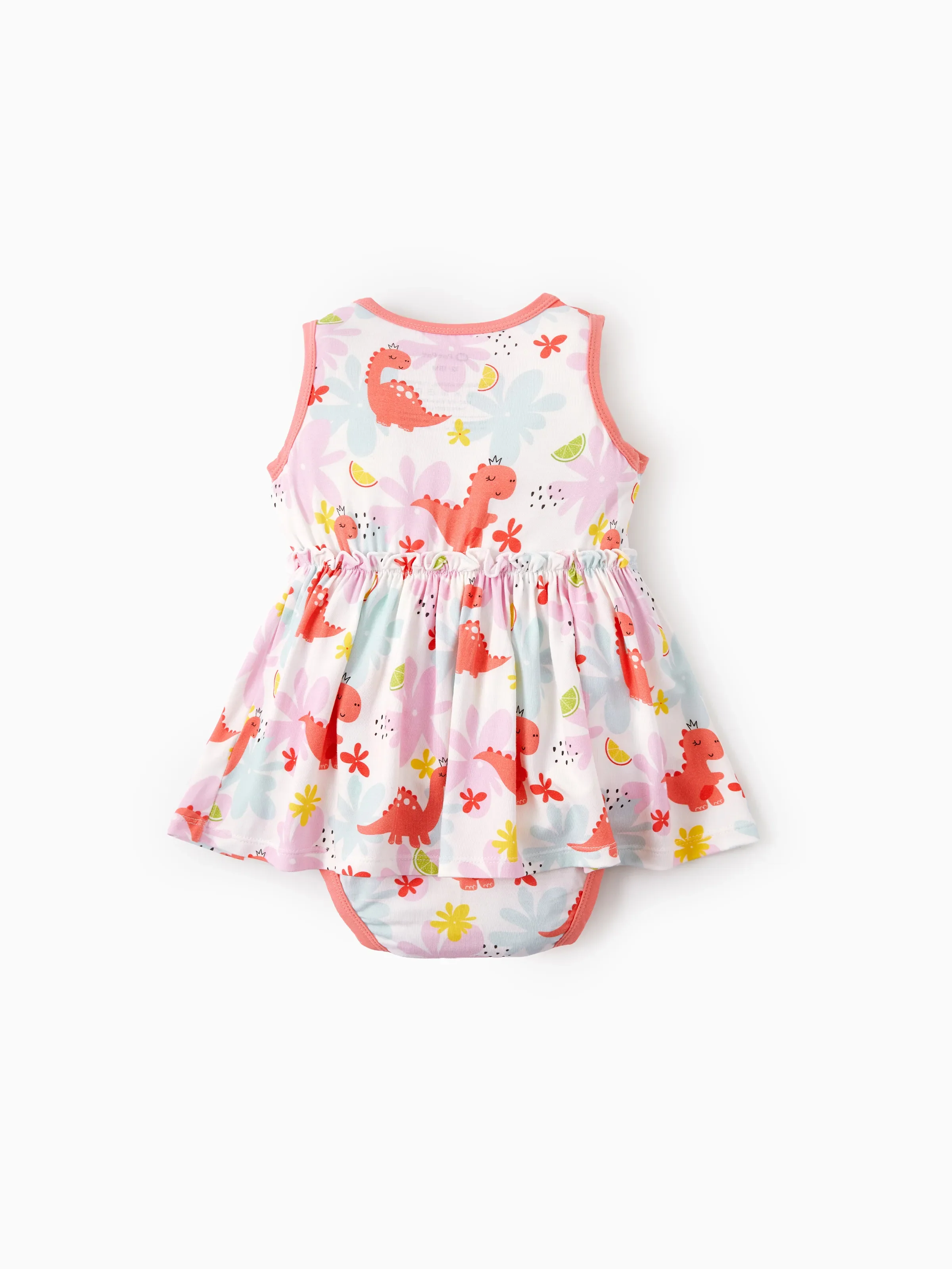 Bamboo Baby Girl Solid Color and Cartoon Animal Pattern 2-Piece Sleeveless Dress With Bodysuit Set incarnadinepink - Image 3