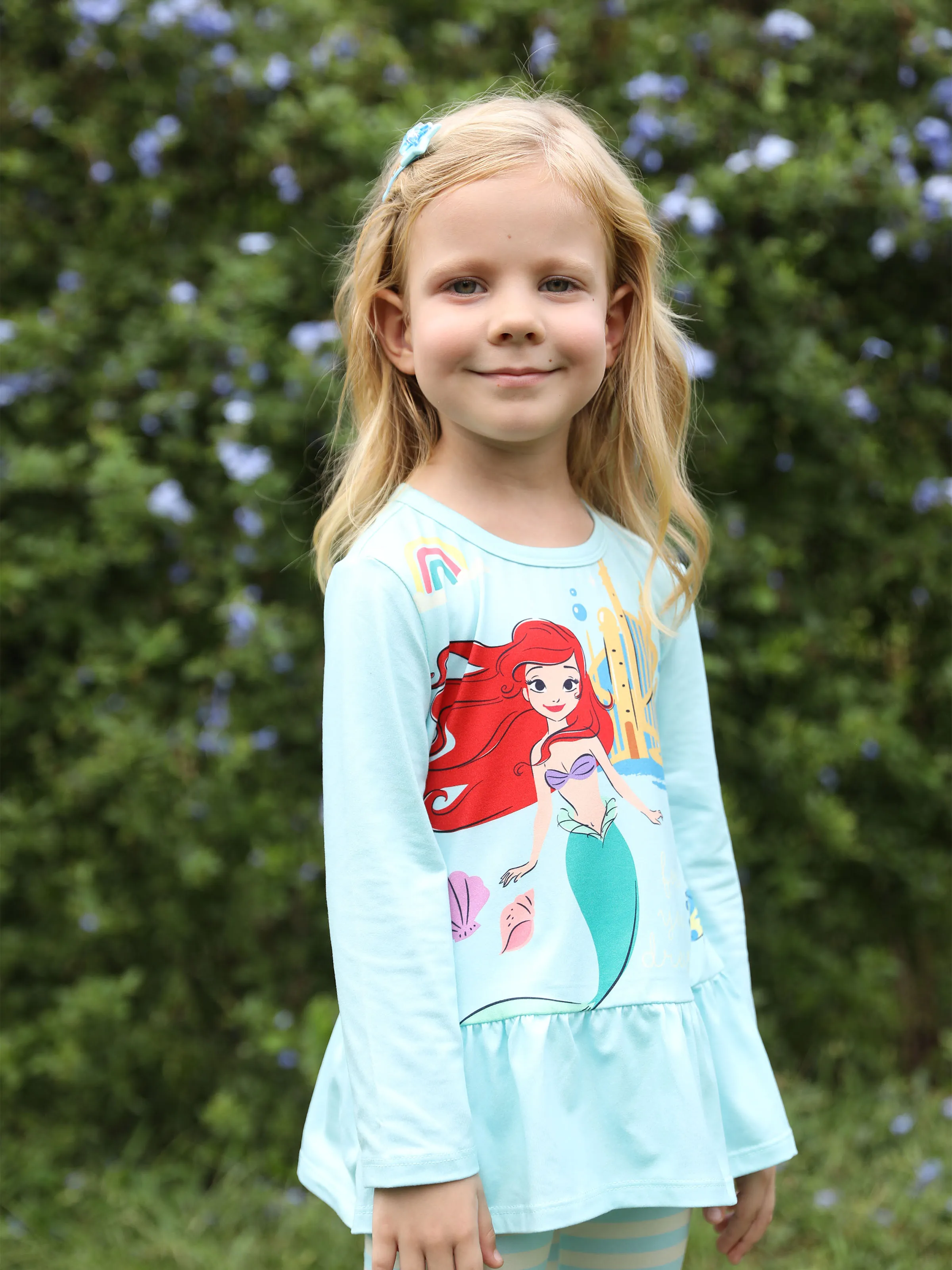 Disney Princess Toddler Girl 2pcs Ariel Print Peplum Tee and Stripe Pants Set Mintblue - Image 3