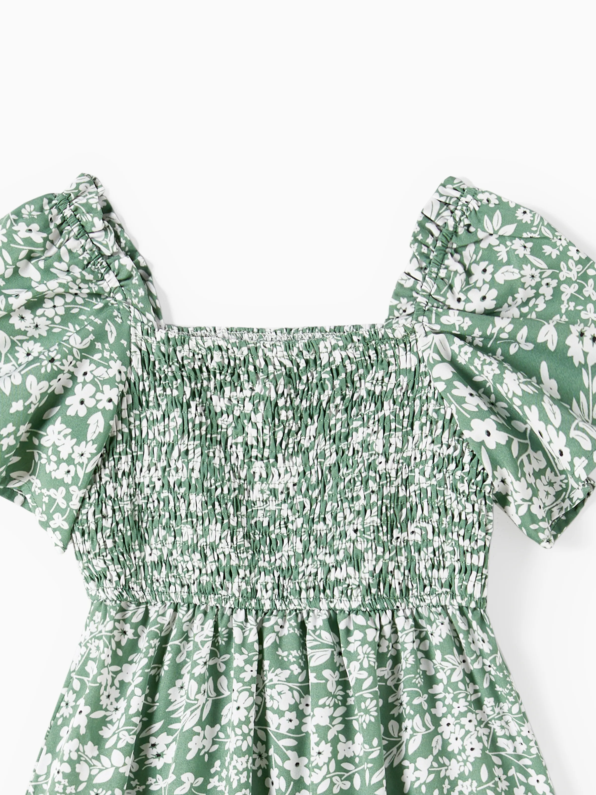 Elegant Broken Flower Matching Outfits for Family, Smocking Design, Medium Thickness Green - Image 11