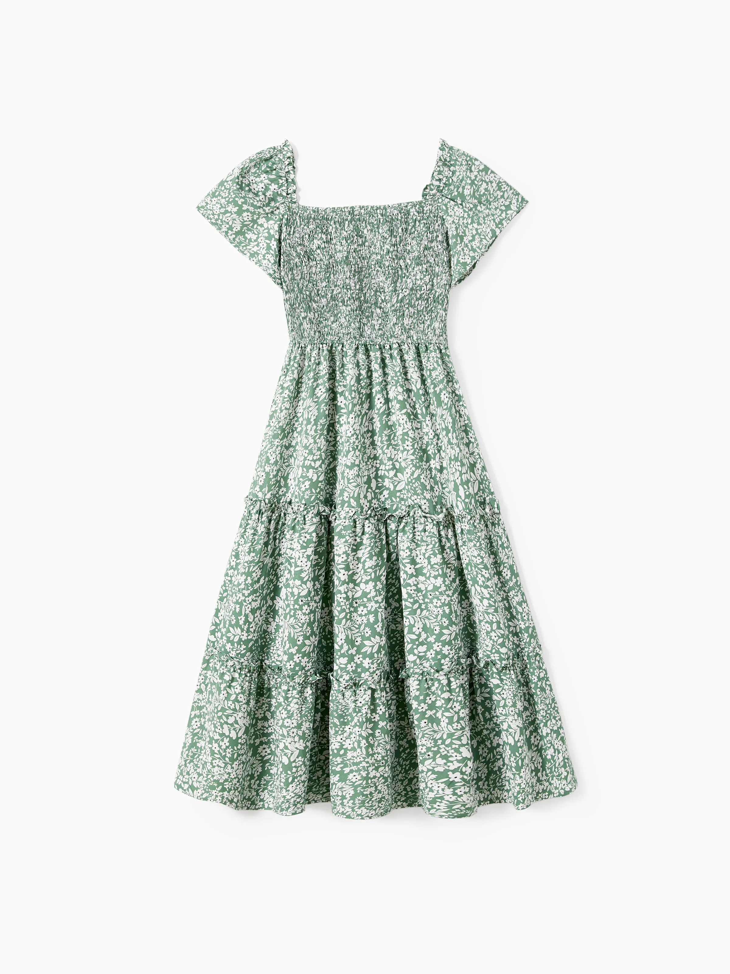 Elegant Broken Flower Matching Outfits for Family, Smocking Design, Medium Thickness Green - Image 3
