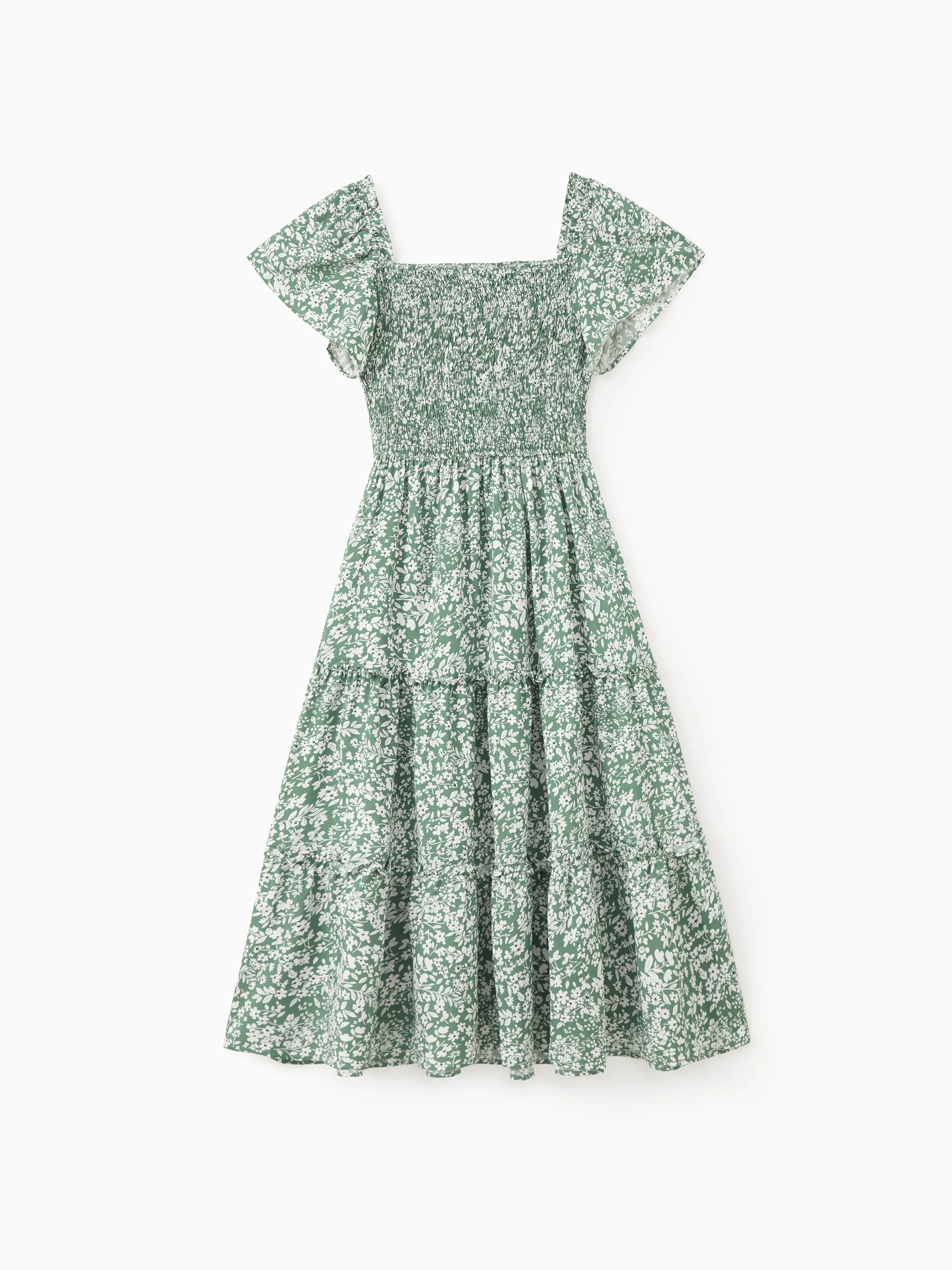 Elegant Broken Flower Matching Outfits for Family, Smocking Design, Medium Thickness Green - Image 4