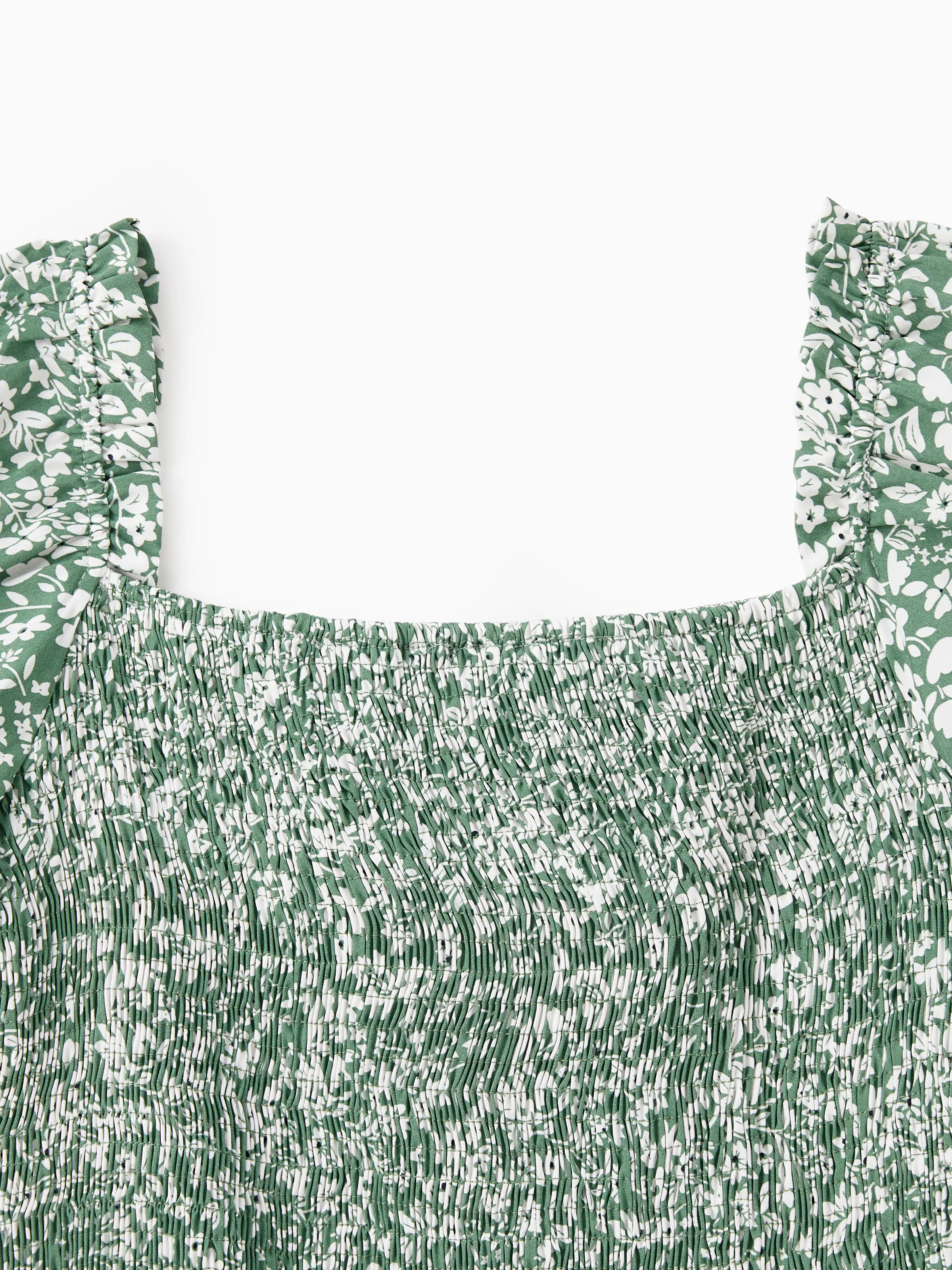 Elegant Broken Flower Matching Outfits for Family, Smocking Design, Medium Thickness Green - Image 5