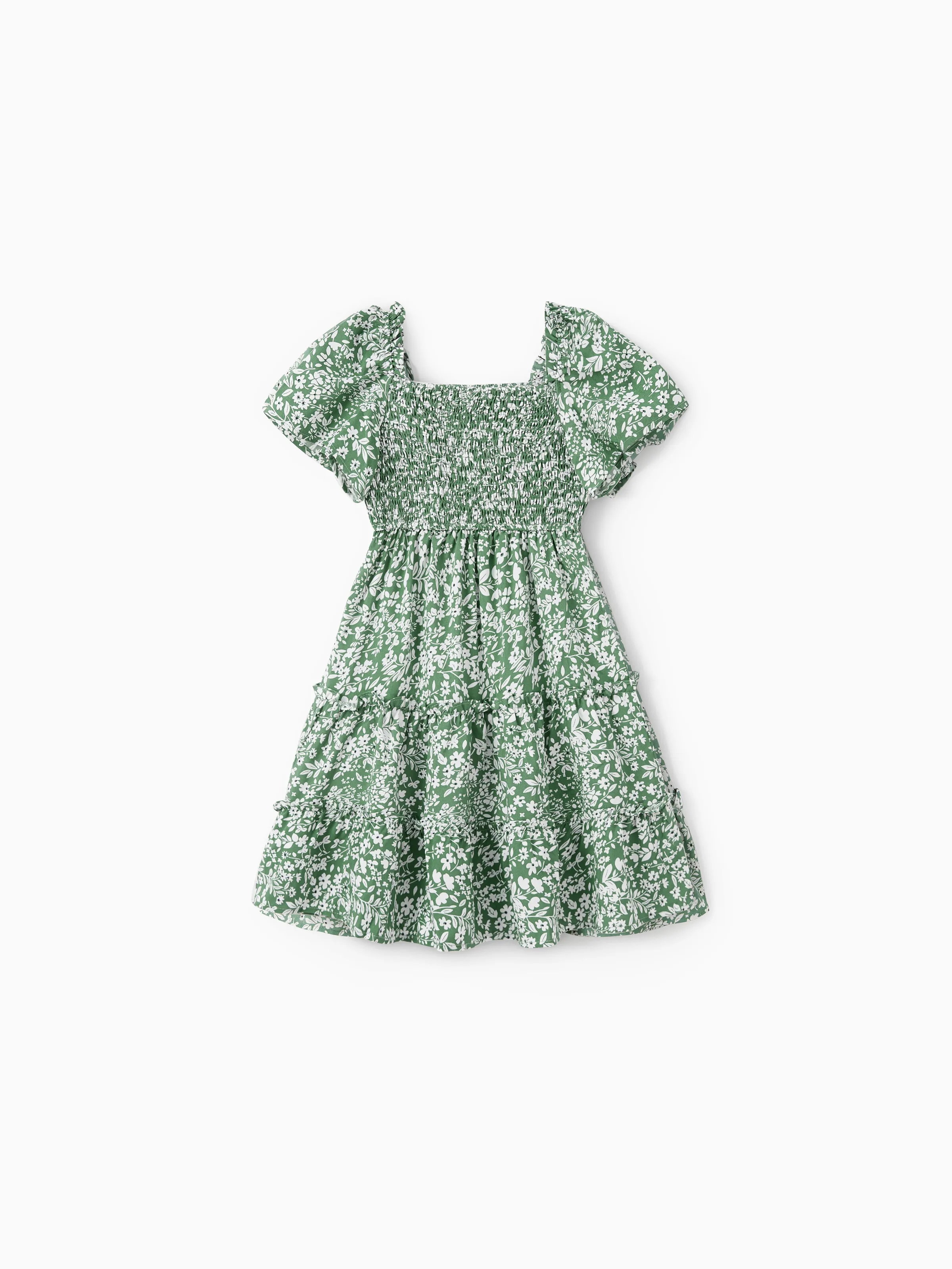 Elegant Broken Flower Matching Outfits for Family, Smocking Design, Medium Thickness Green - Image 9