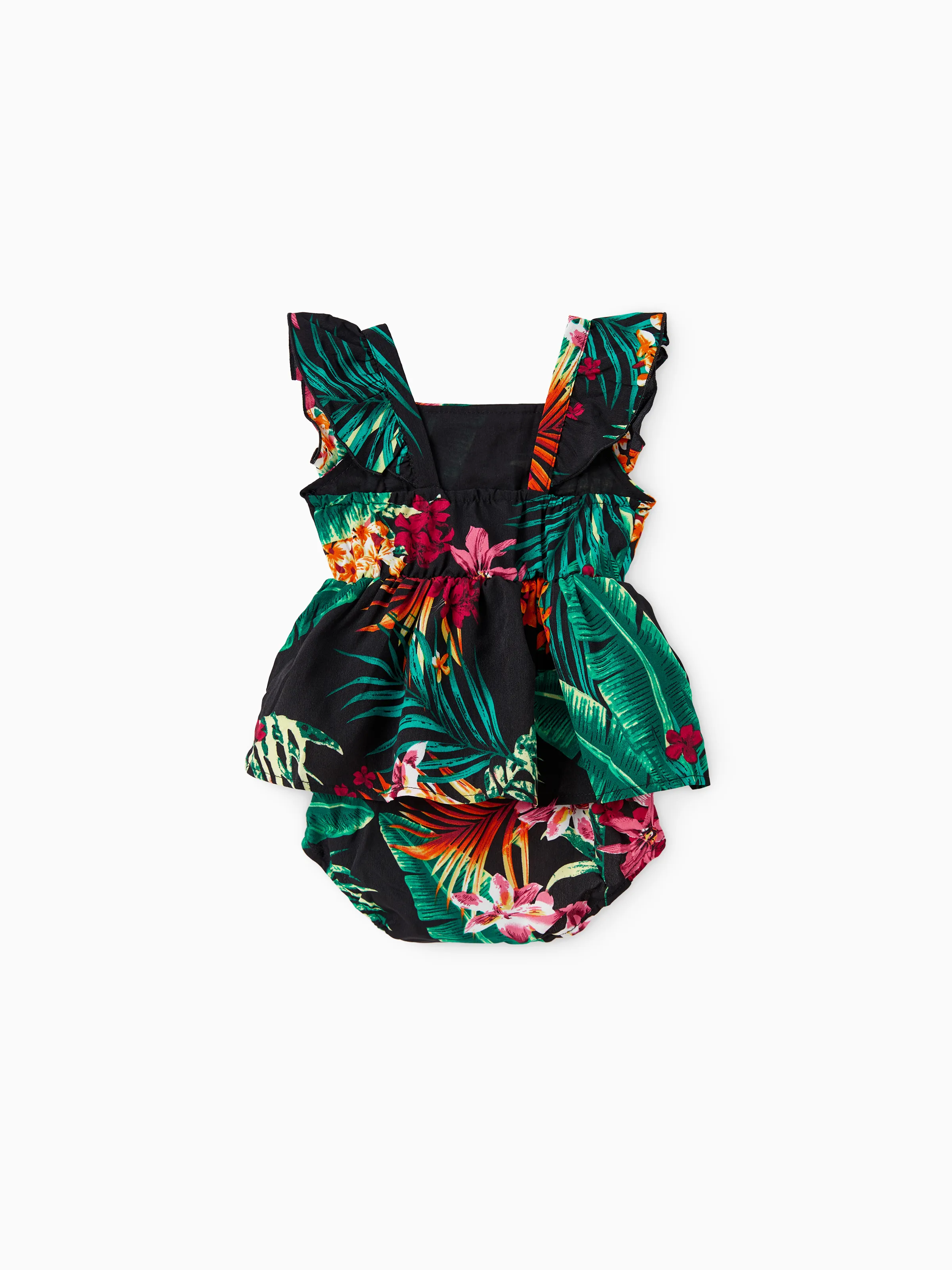 Family Matching Allover Plant Floral Print Halterneck Dresses and Short-sleeve Shirts Sets Black - Image 13