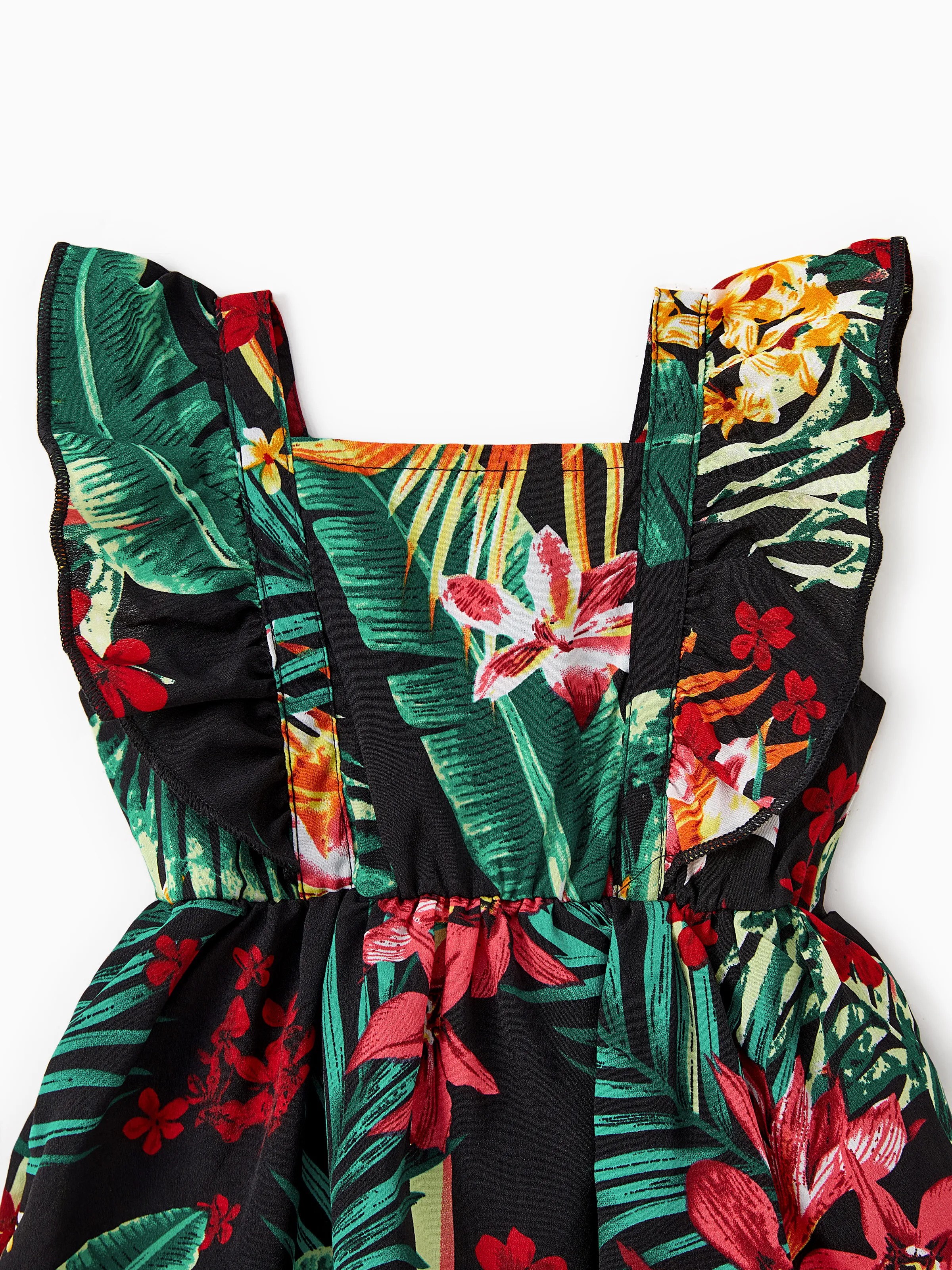 Family Matching Allover Plant Floral Print Halterneck Dresses and Short-sleeve Shirts Sets Black - Image 14