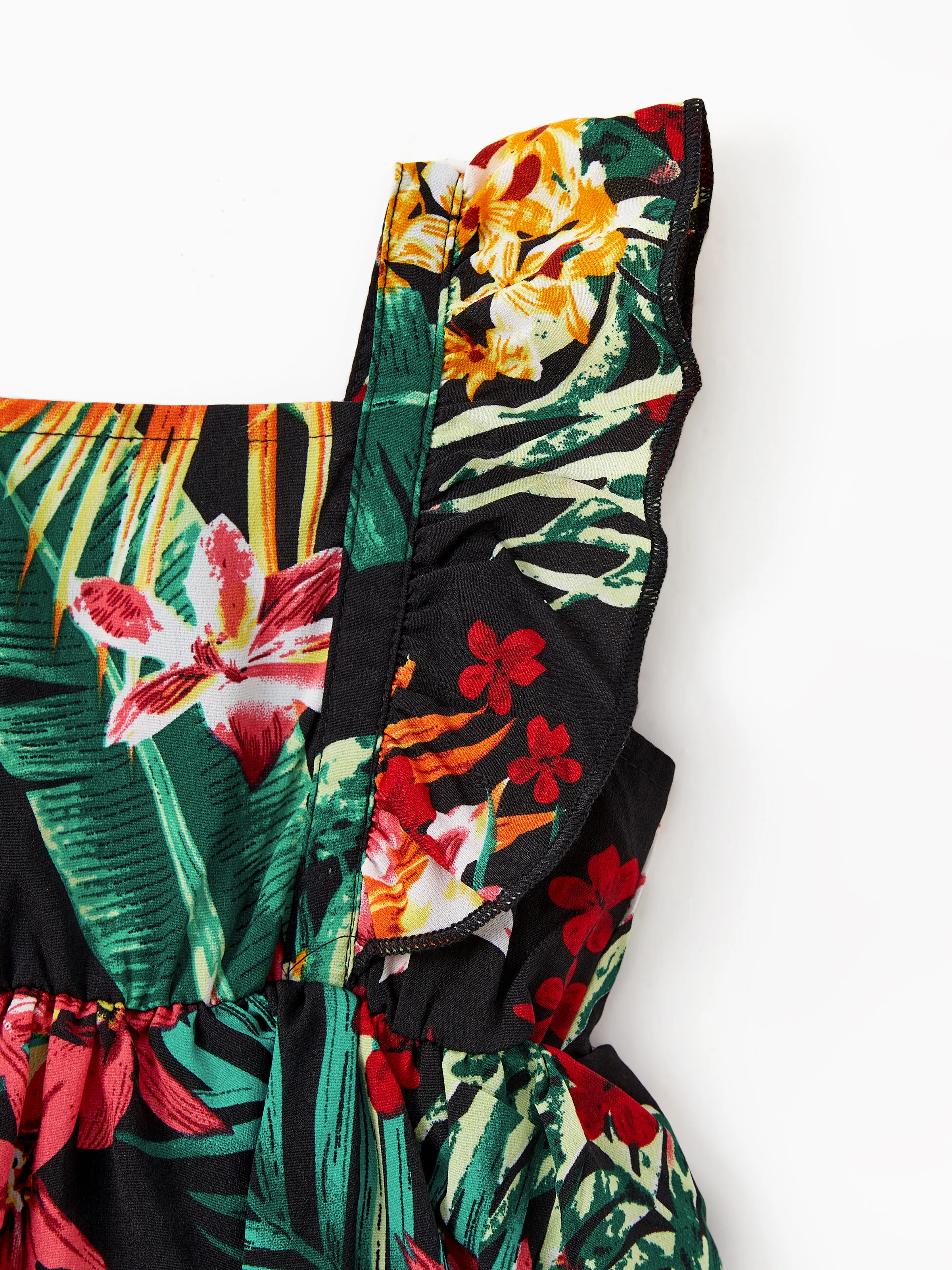 Family Matching Allover Plant Floral Print Halterneck Dresses and Short-sleeve Shirts Sets Black - Image 15