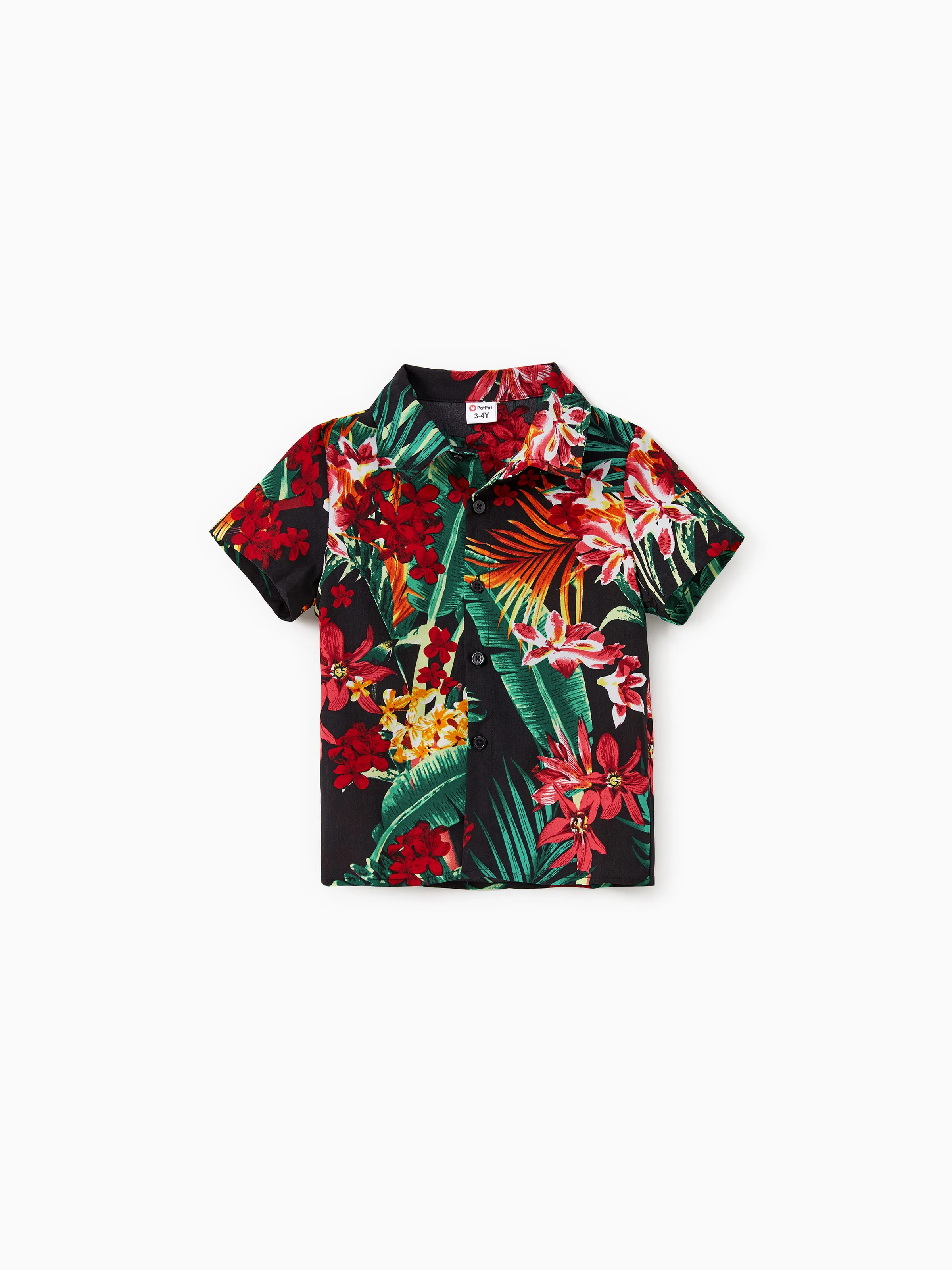 Family Matching Allover Plant Floral Print Halterneck Dresses and Short-sleeve Shirts Sets Black - Image 17