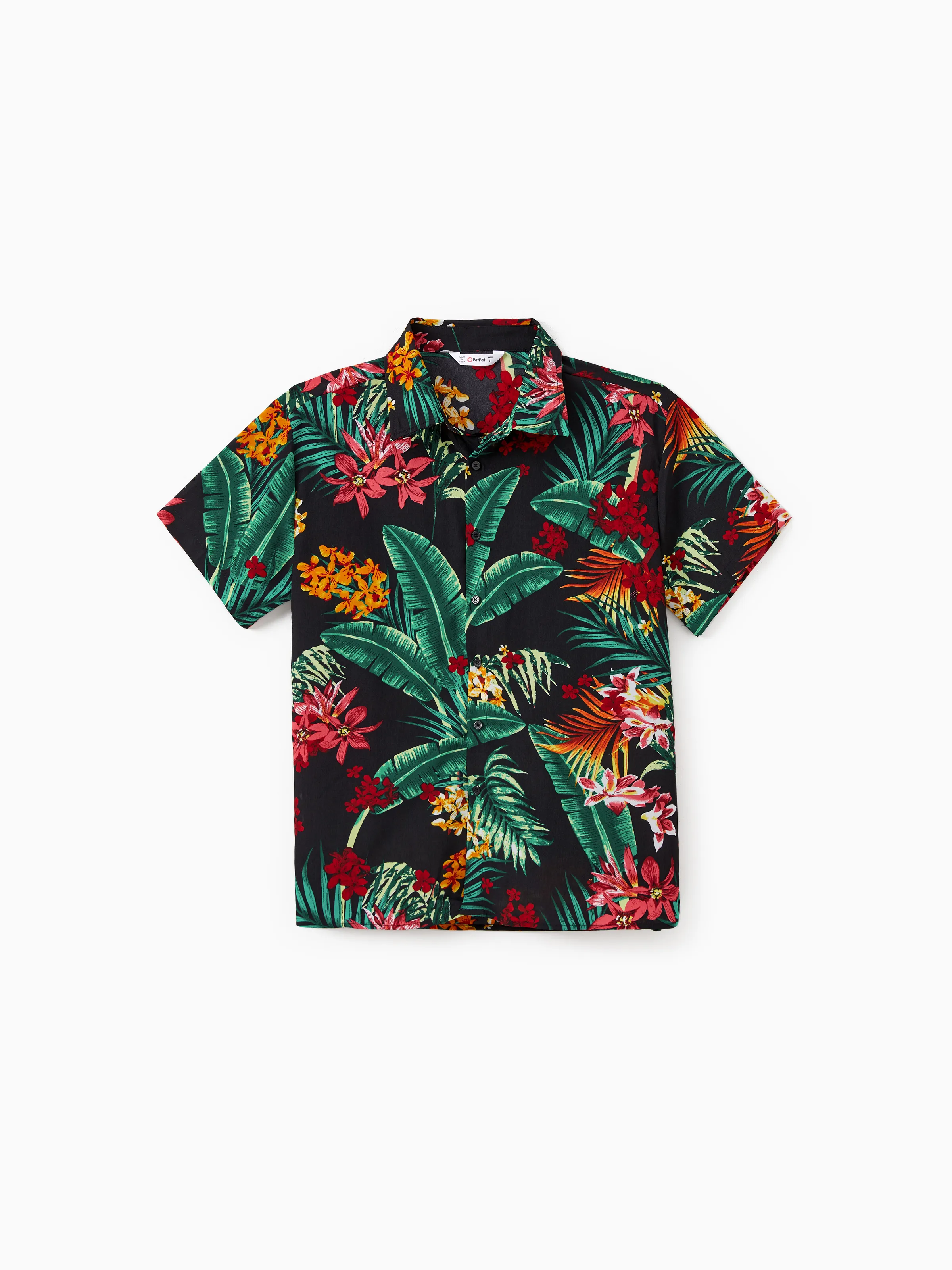 Family Matching Allover Plant Floral Print Halterneck Dresses and Short-sleeve Shirts Sets Black - Image 22