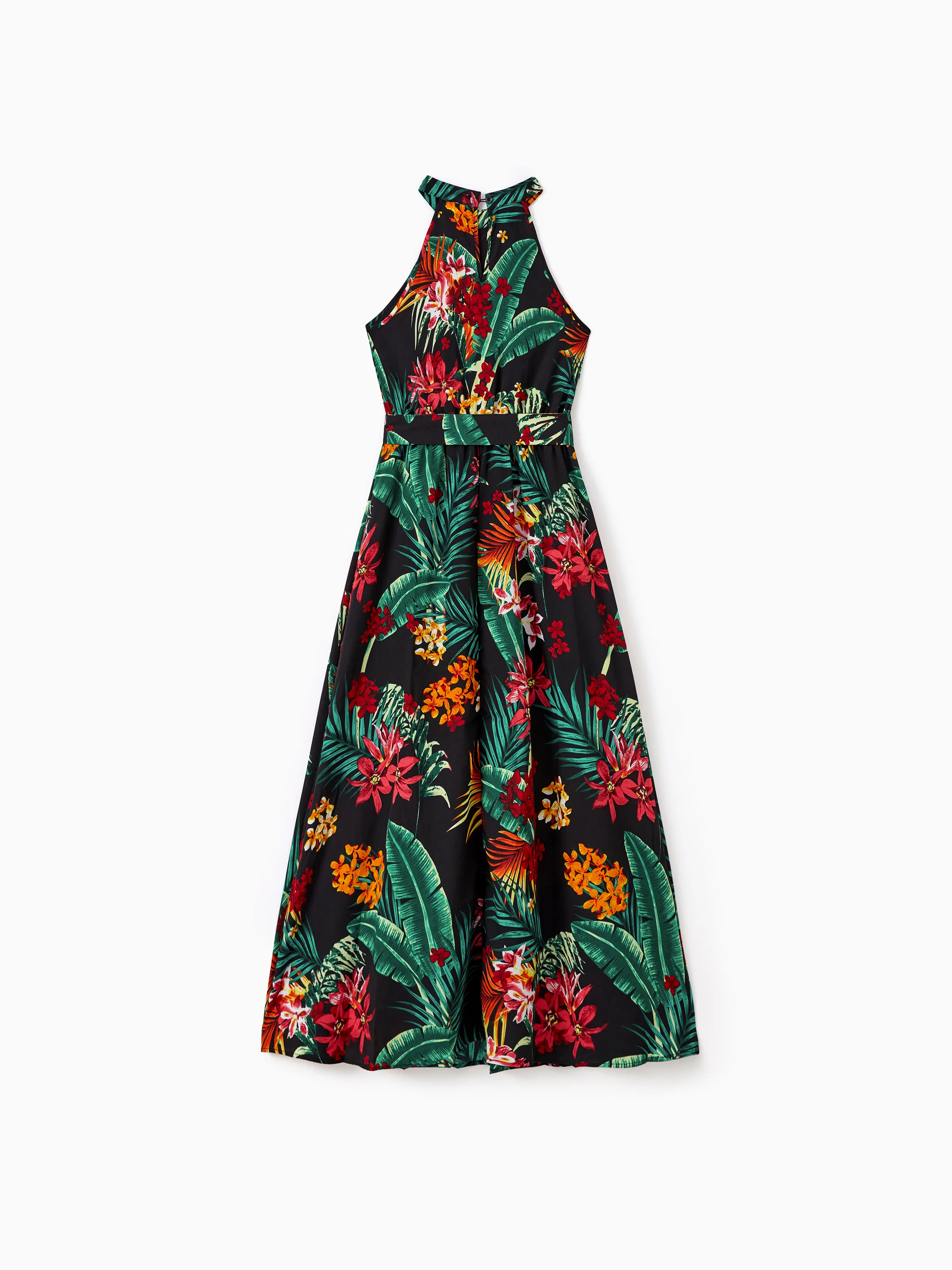 Family Matching Allover Plant Floral Print Halterneck Dresses and Short-sleeve Shirts Sets Black - Image 3
