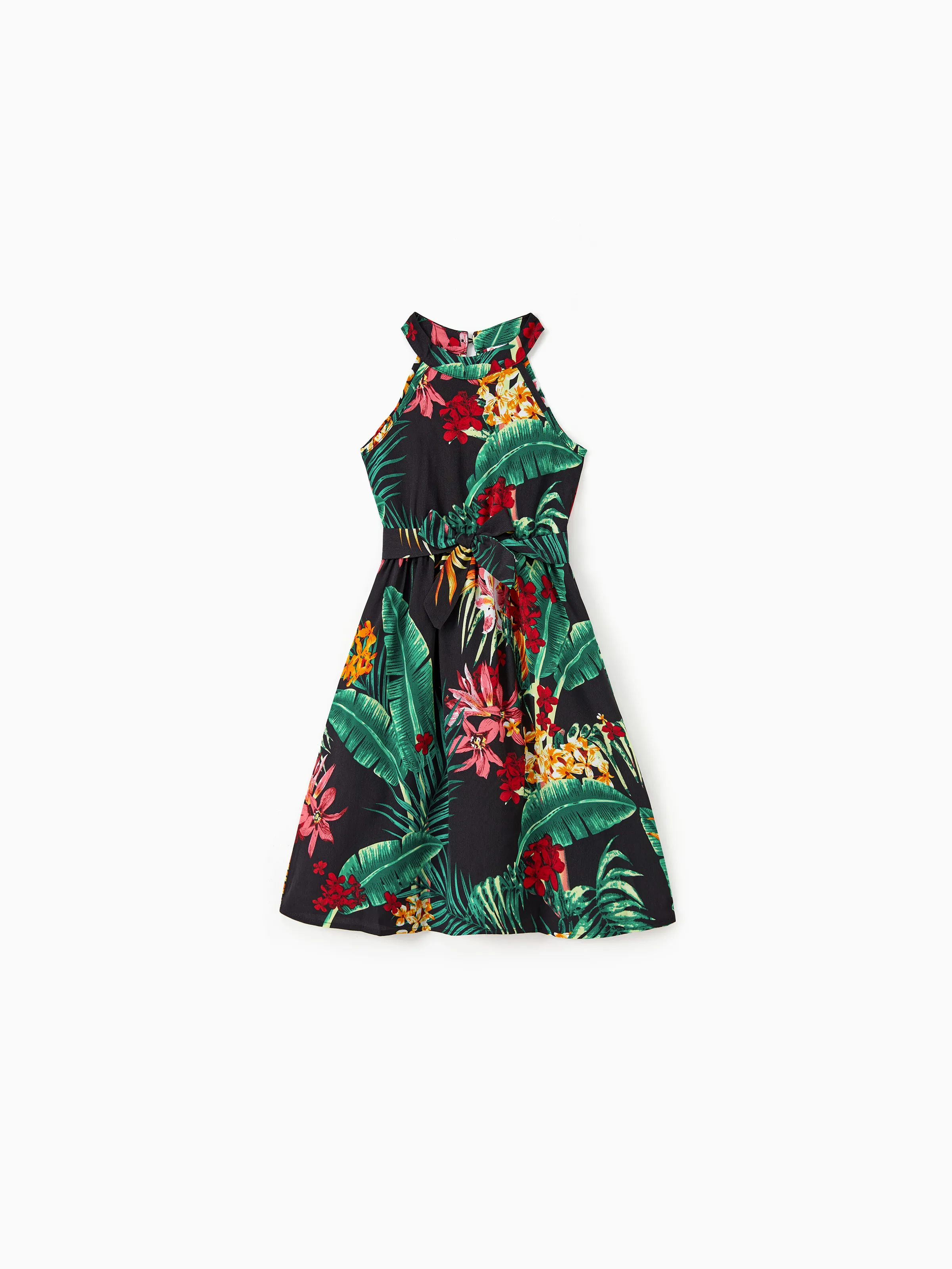 Family Matching Allover Plant Floral Print Halterneck Dresses and Short-sleeve Shirts Sets Black - Image 7