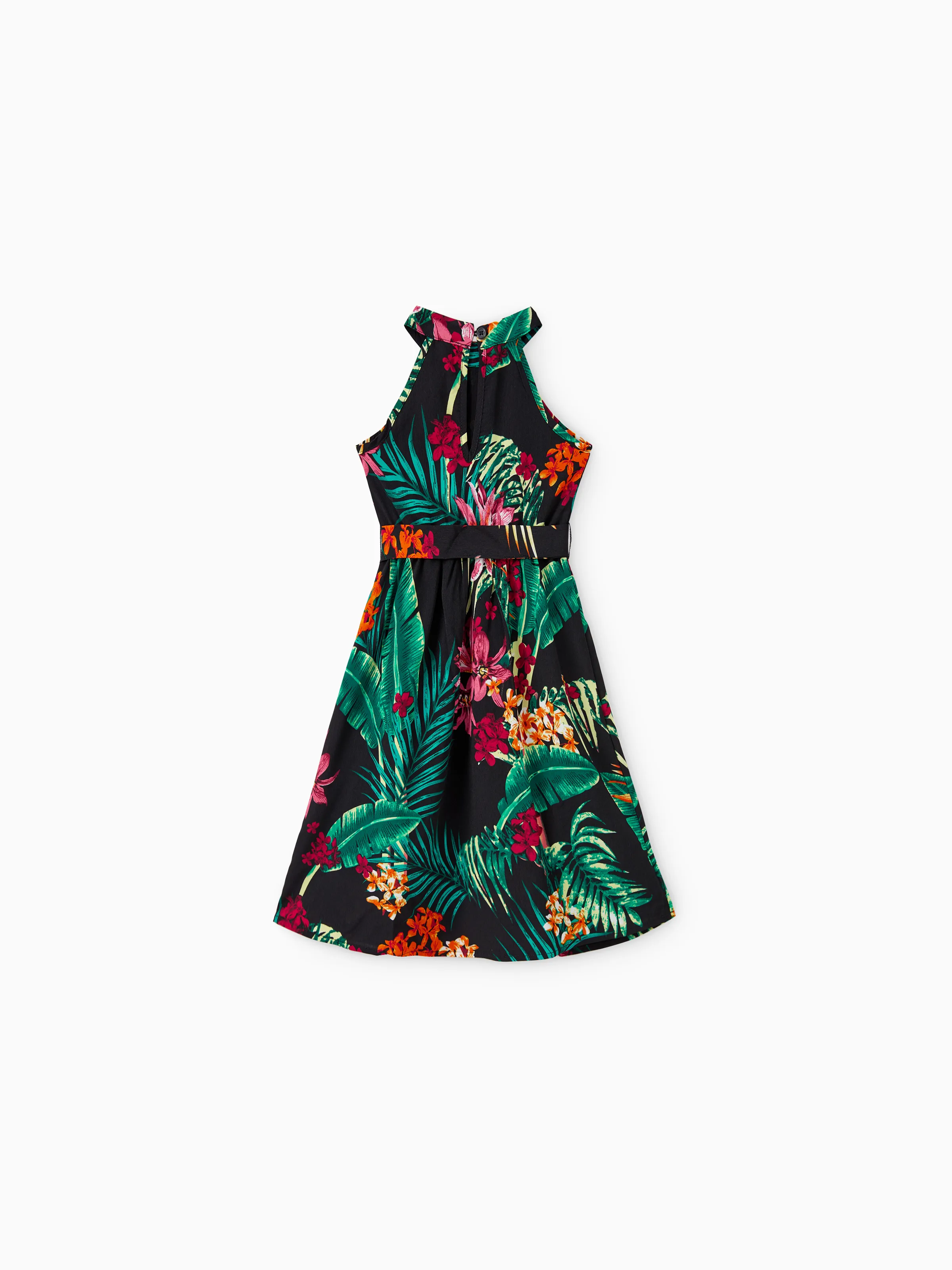 Family Matching Allover Plant Floral Print Halterneck Dresses and Short-sleeve Shirts Sets Black - Image 8