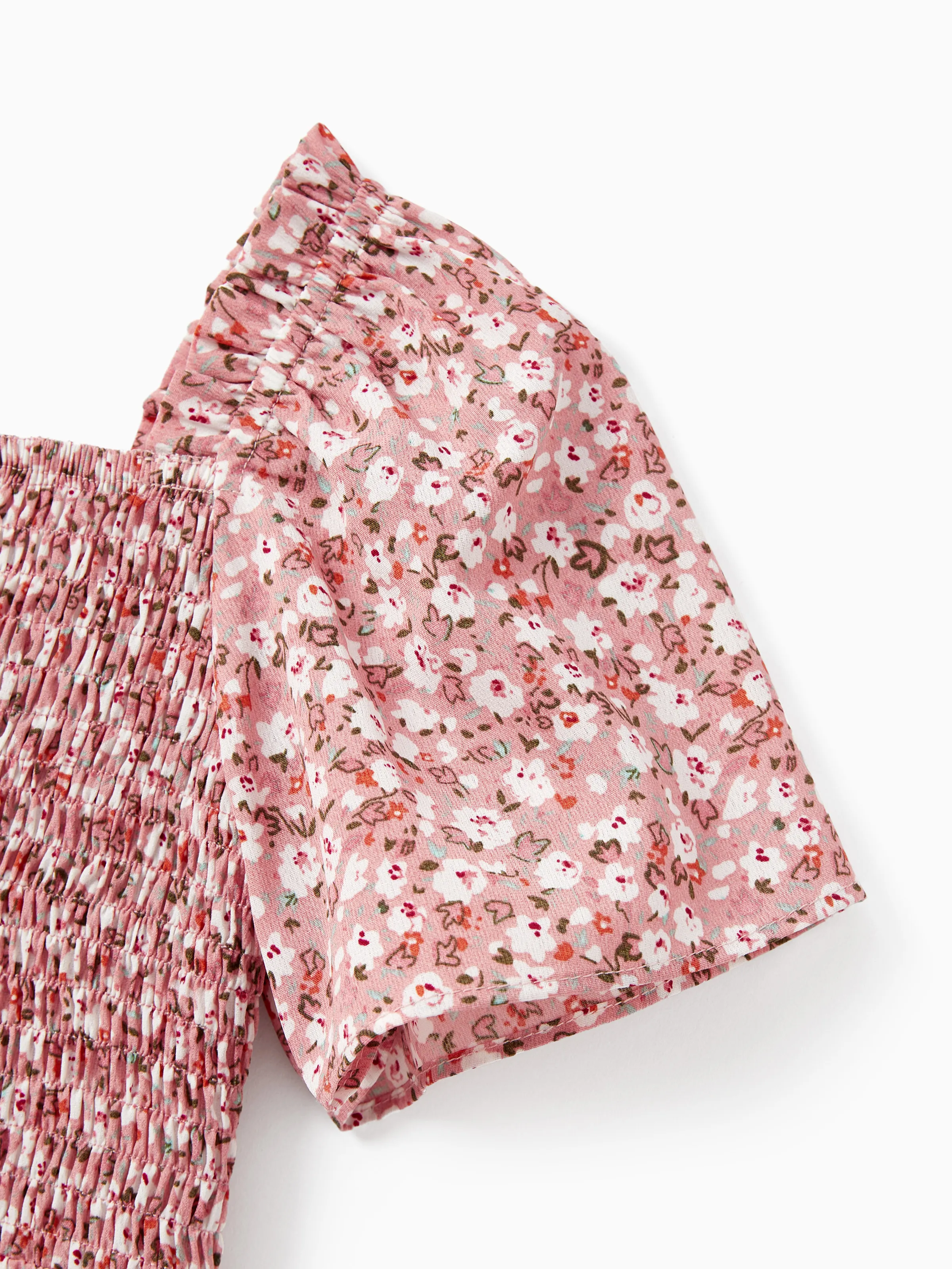 Family Matching Blue Cotton Colorblock Tee Shirt or Floral Print Smocking Puff-sleeve Dress Set  Pink - Image 10